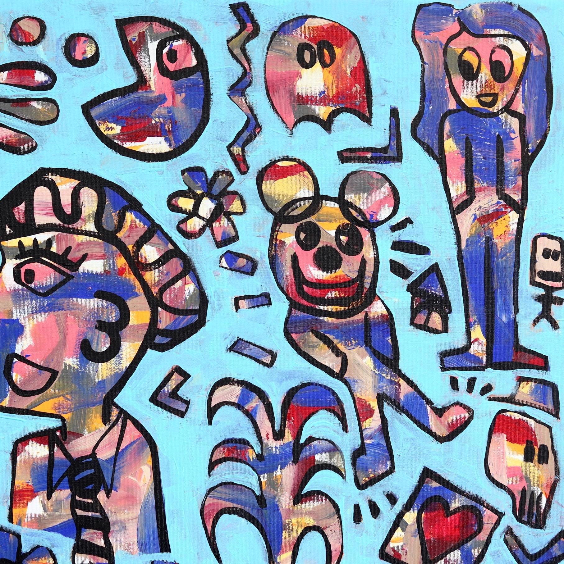 Look At Me - Neo-Expressionist Characters on Blue Canvas Painting For Sale 2