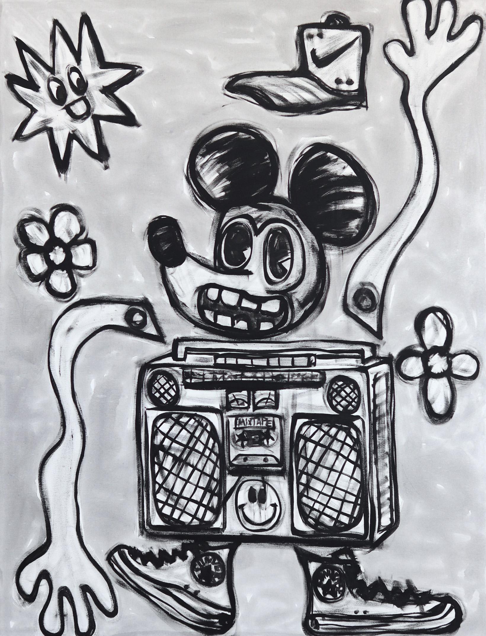 Tommy Lennartsson Figurative Painting - Play It Out Loud - Black and White Neo-Expressionist Mickey Mouse Pop Art