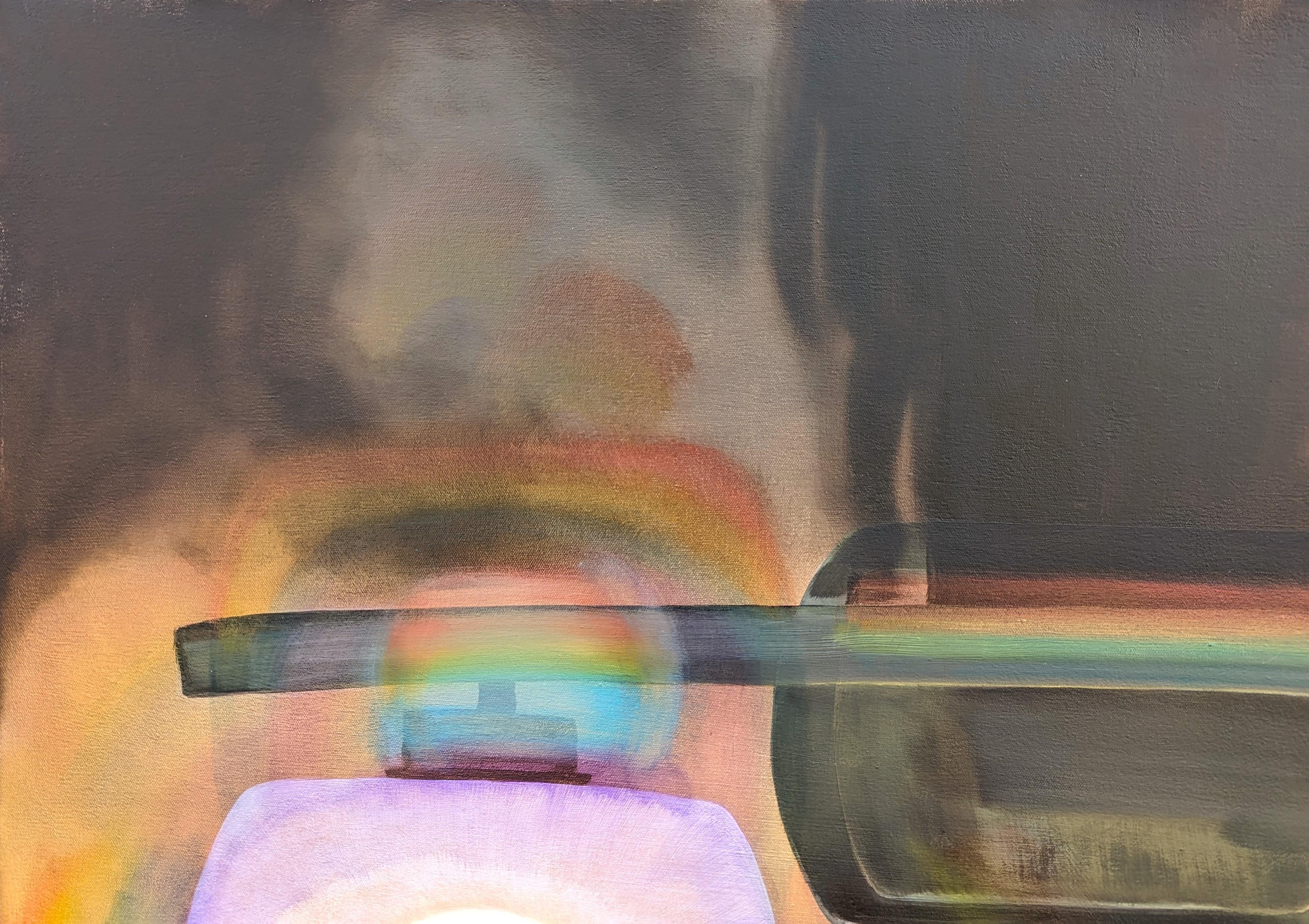 Jewel toned abstract by contemporary artist Tommy Taylor. The work features a close up of a car with the lights refracting a rainbow. Signed, titled, and dated on the reverse. Currently unframed, but options are available. 

Artist Biography: Born