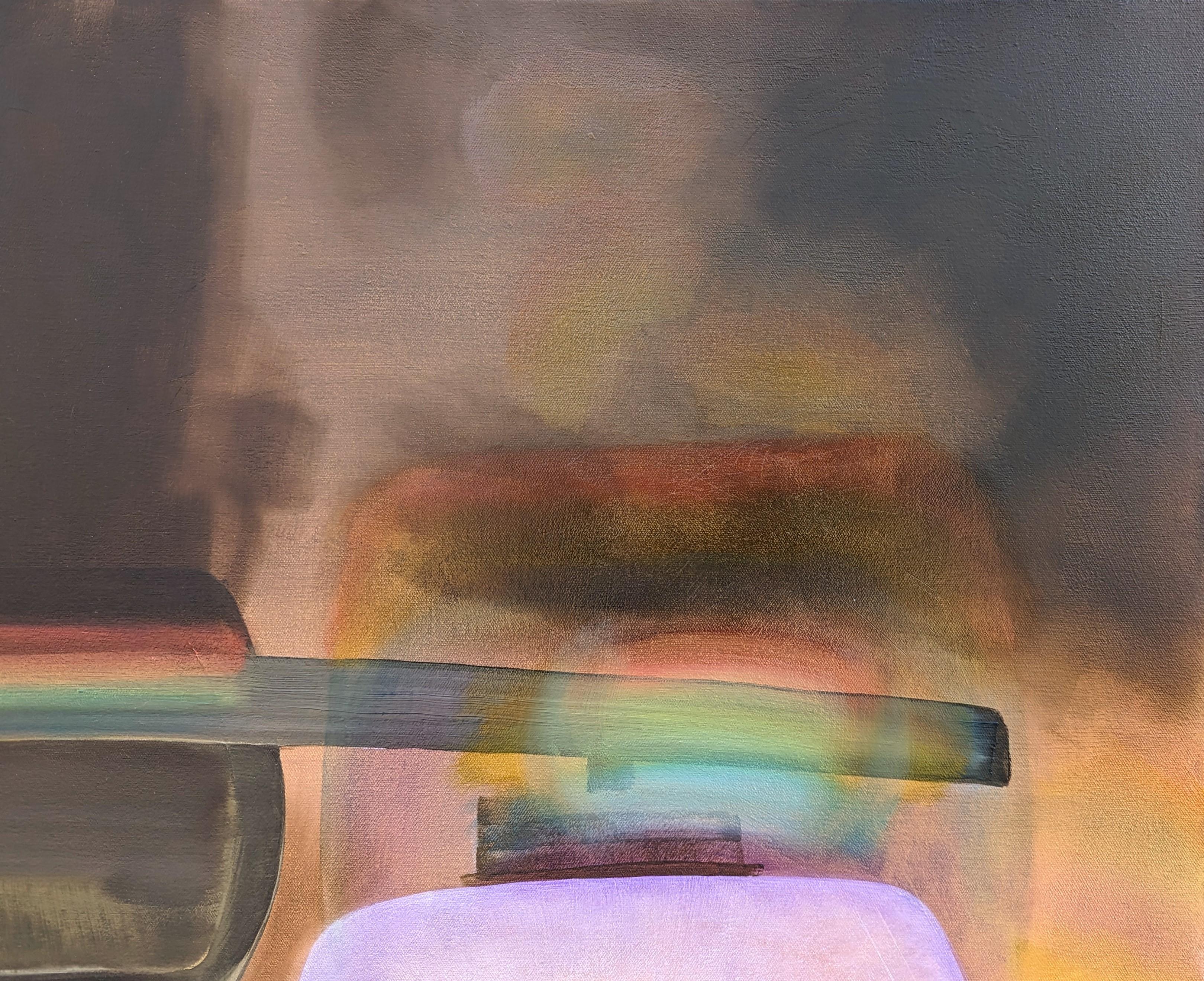 Abstrait aux tons de bijoux de l'artiste contemporain Tommy Taylor. L'œuvre présente un gros plan d'une voiture dont les feux réfractent un arc-en-ciel. Signé, titré et daté au verso. Actuellement non encadré, mais des options sont disponibles.