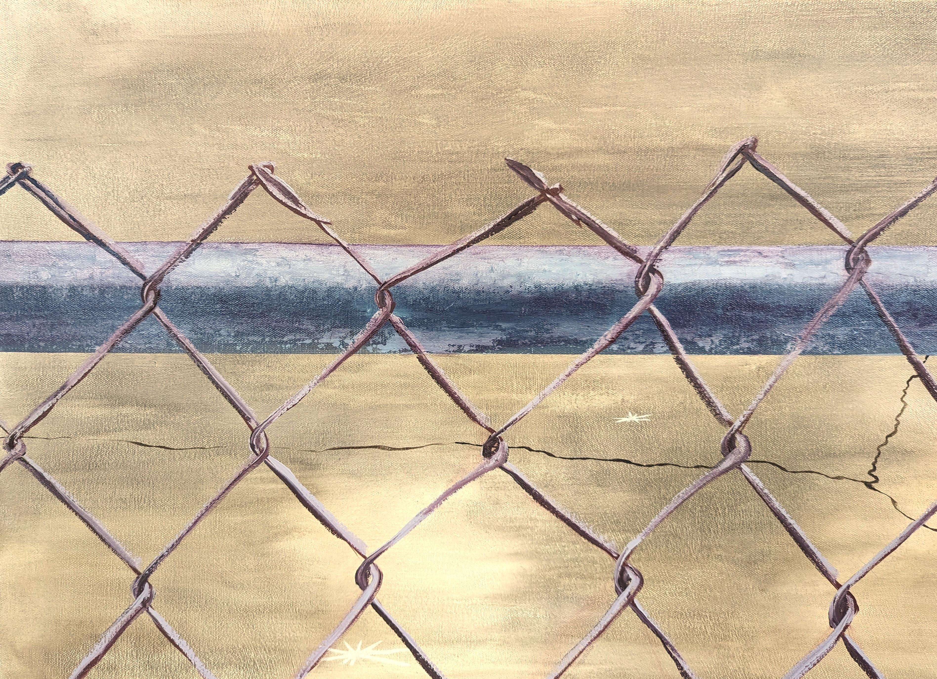 Neutral toned abstract by contemporary artist Tommy Taylor. The work features a close up of a chain link fence with a dirt field in the distance. Signed, titled, and dated on the reverse. Currently unframed, but options are available. 

Artist