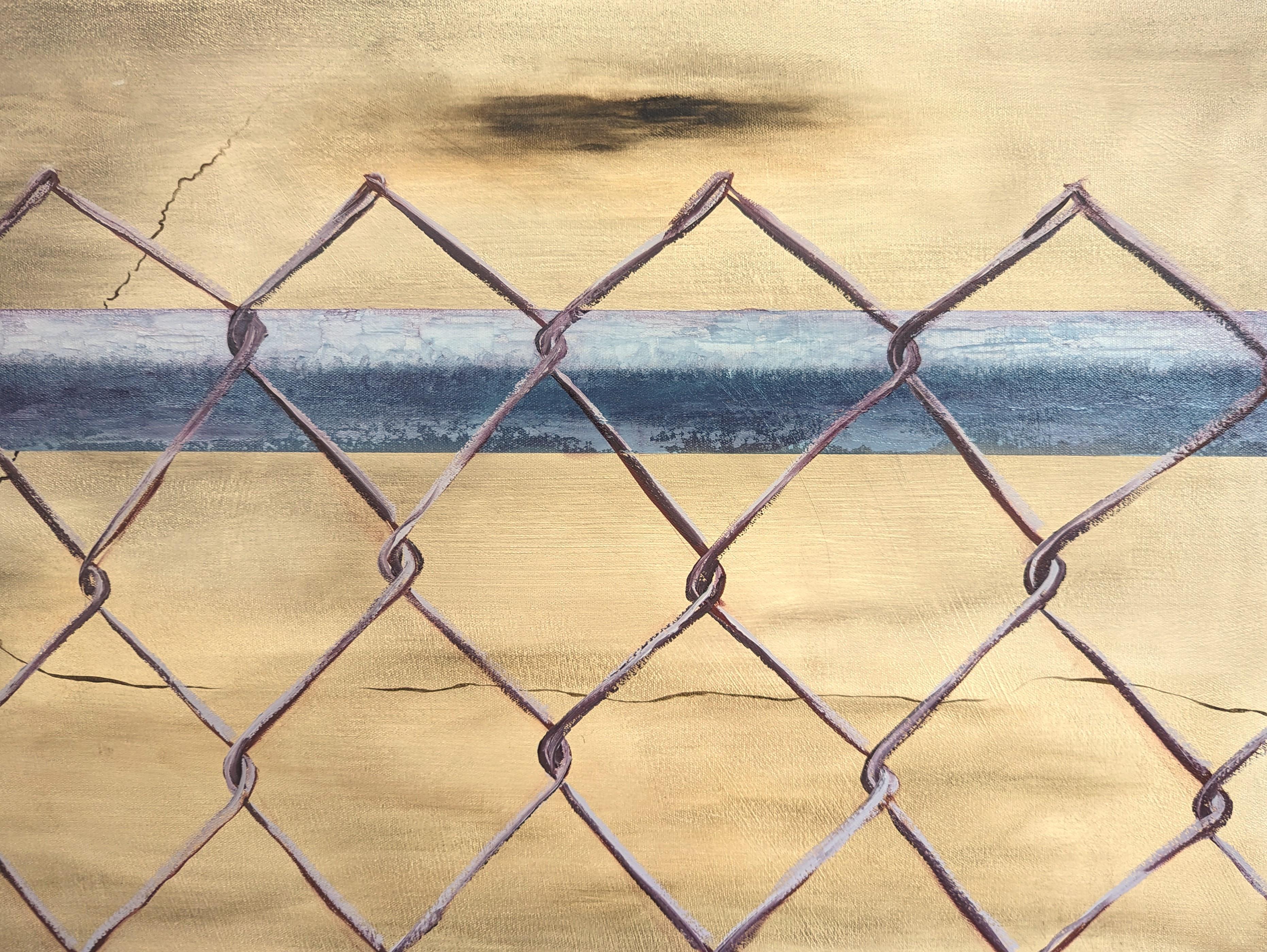Abstrait aux tons neutres de l'artiste contemporain Tommy Taylor. L'œuvre présente un gros plan d'une clôture à mailles losangées avec un champ de terre au loin. Signé, titré et daté au verso. Actuellement non encadré, mais des options sont