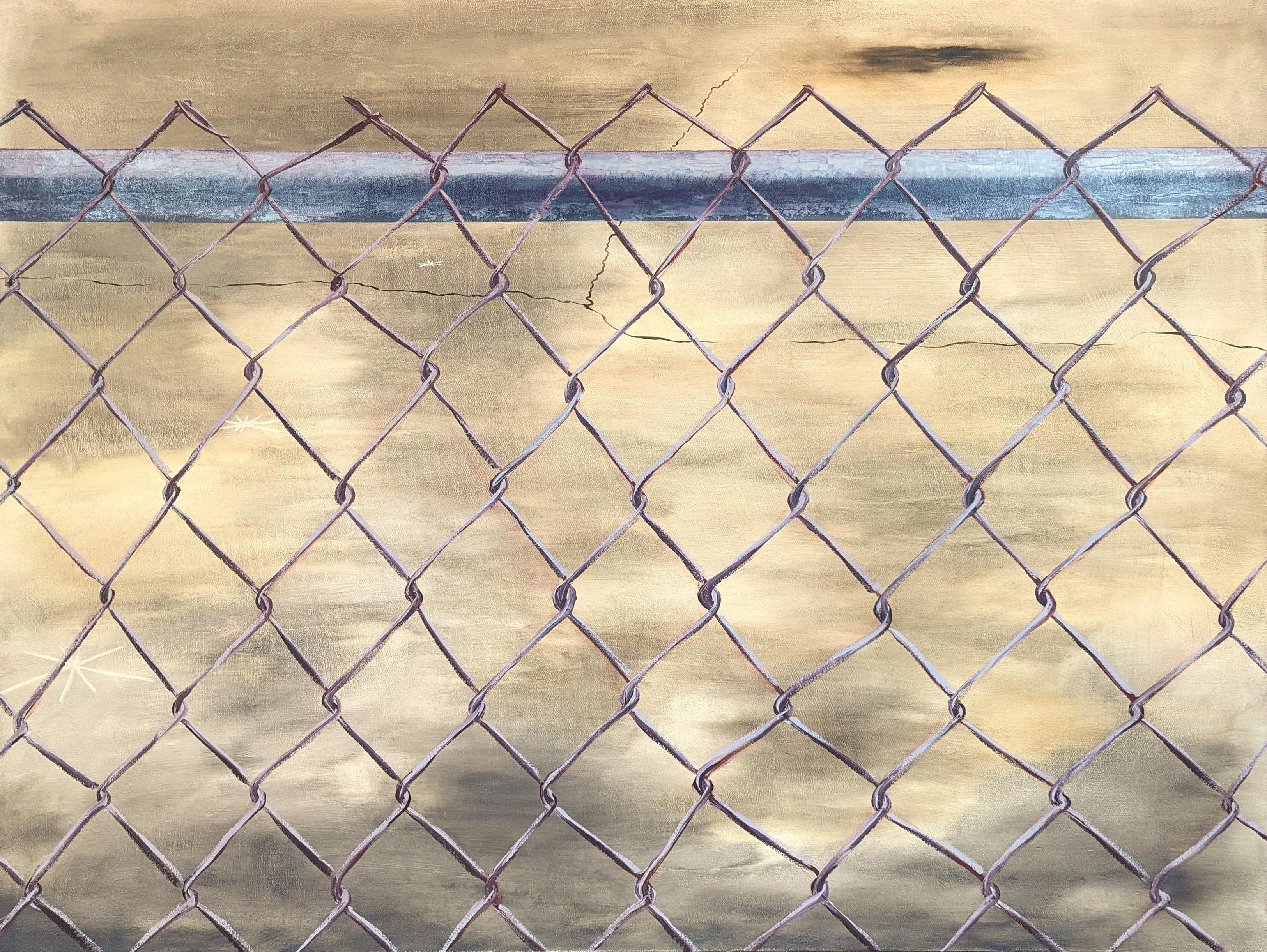 Tommy Taylor Landscape Painting - "Heights" Contemporary Neutral Toned Realistic Close Up of Chain Link Fence
