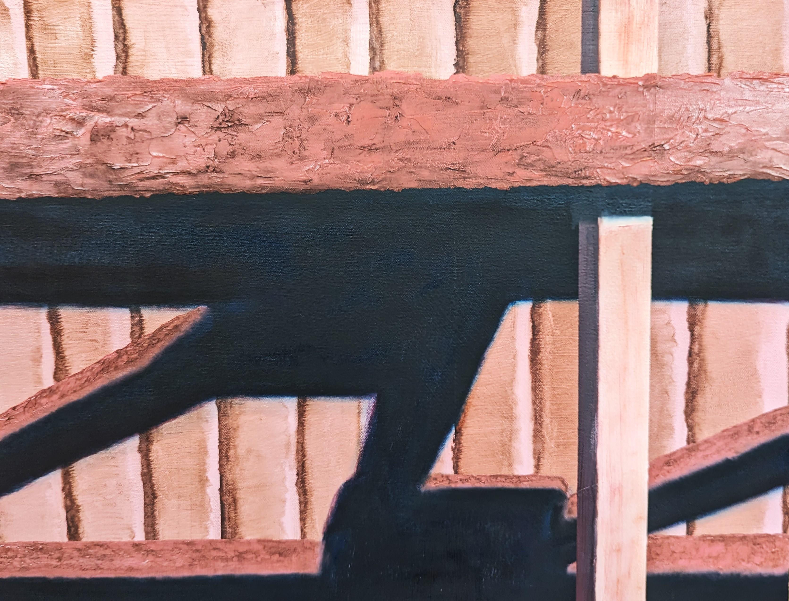 Neutral getönte realistische Malerei des zeitgenössischen Künstlers Tommy Taylor. Das Werk zeigt eine Nahaufnahme eines schattigen Holzzauns. Rückseitig signiert, betitelt und datiert. Derzeit ungerahmt, aber Optionen sind verfügbar. 

Biografie des