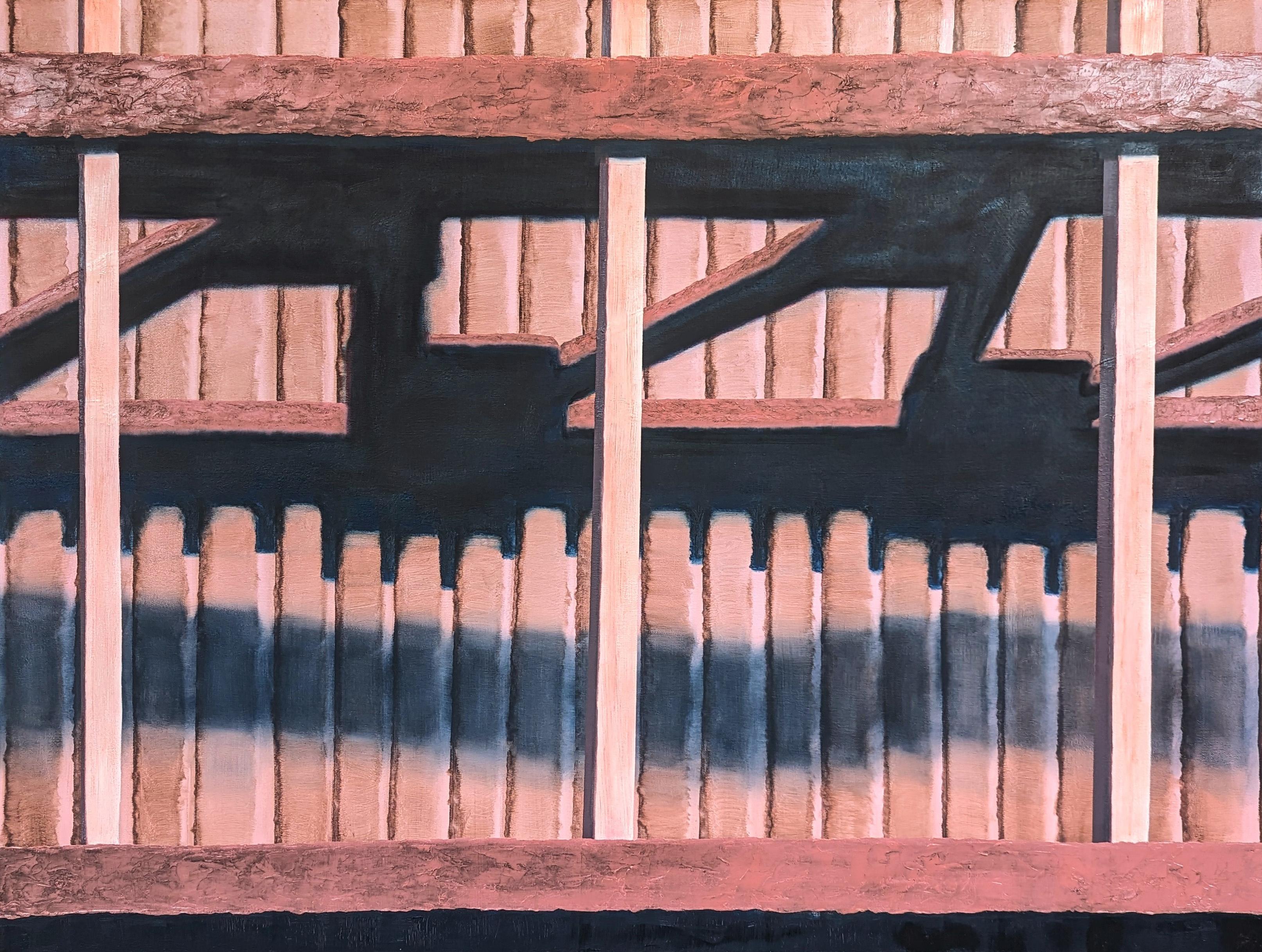 Still-Life Painting Tommy Taylor - "In Concert" Contemporary Neutral Toned Realistic Close Up of Wooden Fence (clôture en bois)