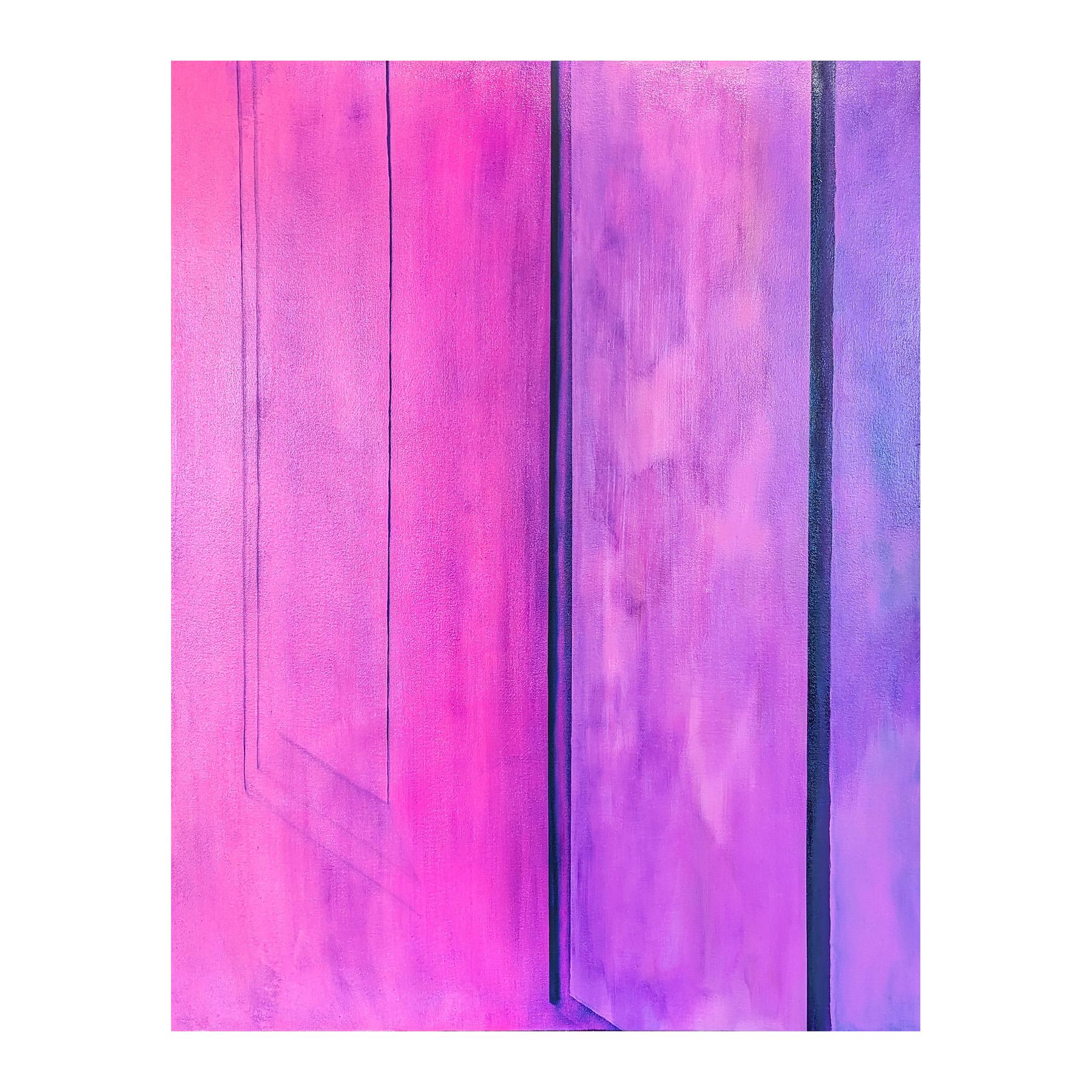 Jewel toned abstract by contemporary artist Tommy Taylor. The work features a close up of a door rendered in pink and purple tones. Signed, titled, and dated on the reverse. Currently unframed, but options are available. 

Artist Biography: Born in