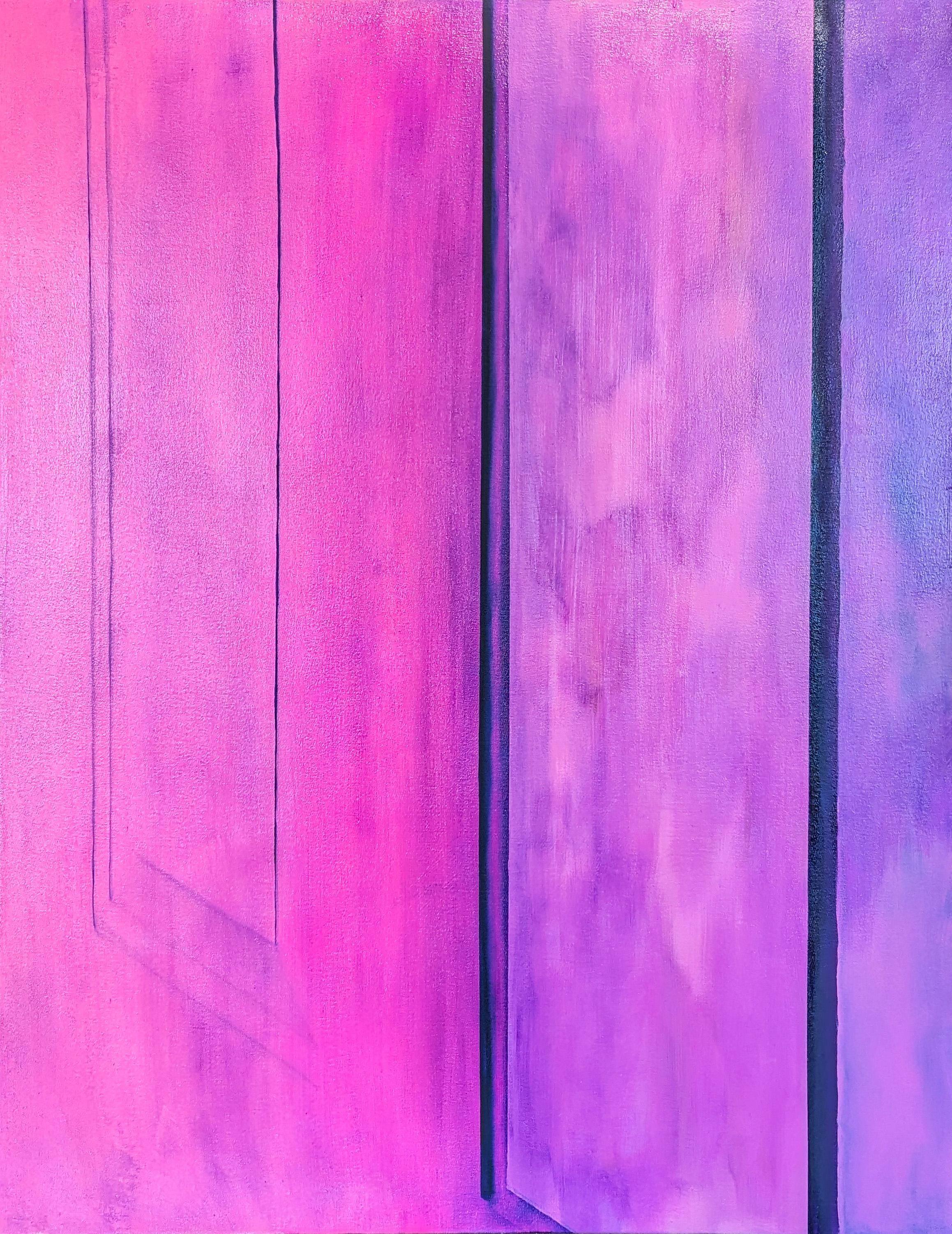 Tommy Taylor Still-Life Painting - "Neighbor" Contemporary Pink & Purple Toned Close Up Painting of a Door