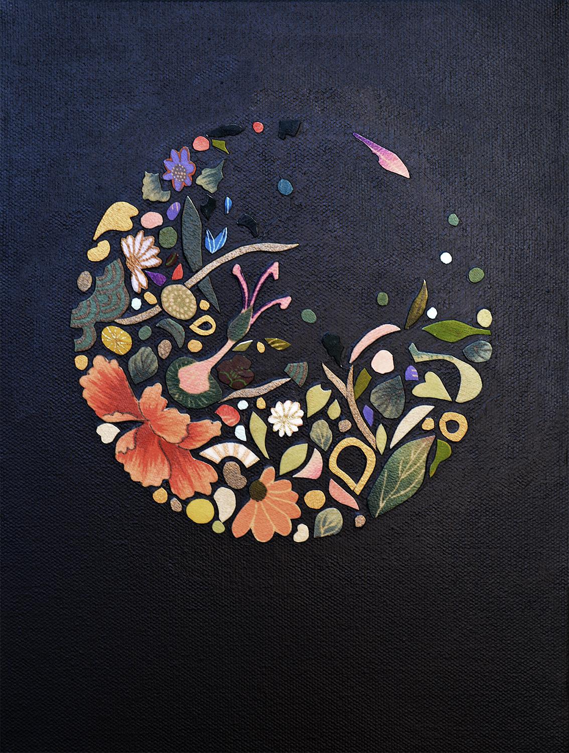L'âme de kimono (cercle, orange, vert), peinture abstraite - Mixed Media Art de Tomo Mori