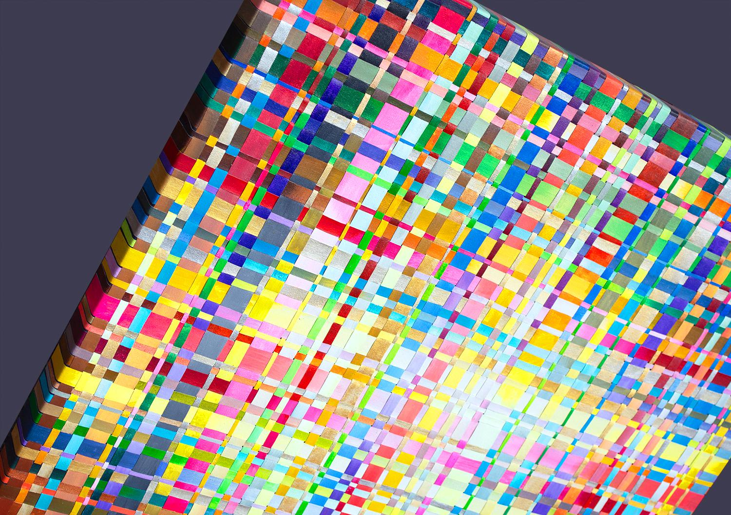 <p>Artist Comments<br>Artist Tomo Mori creates this vibrant abstract work from painted canvas strips, woven and interlaced to form a colorful grid pattern. The piece explores encountering and relating to the full spectrum of emotions through color.