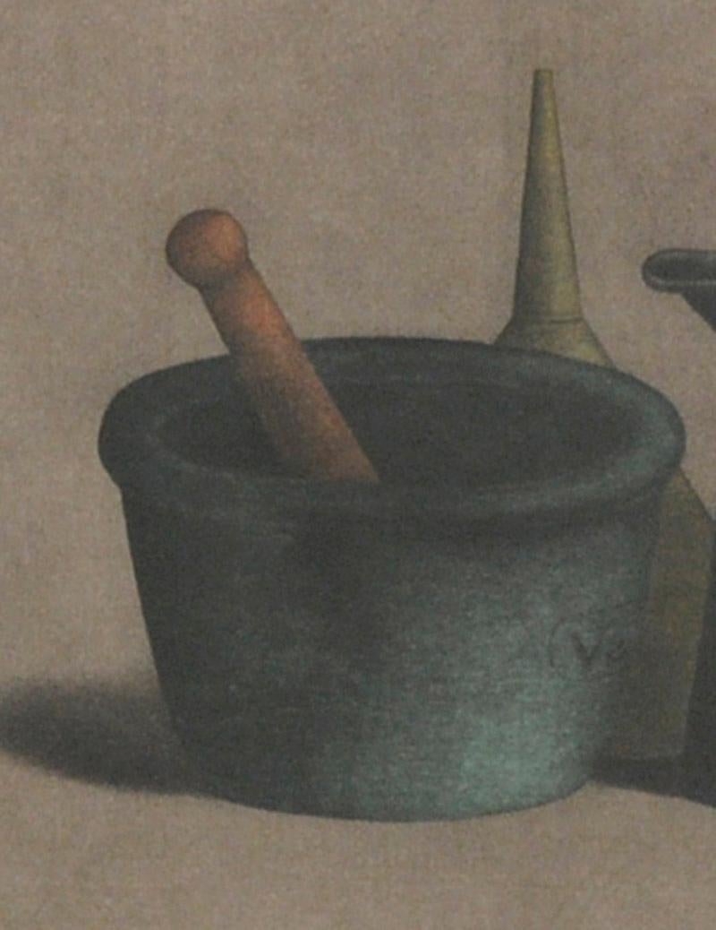 Mortar and Pestle with Funnel
Mezzotint on BFK Rives paper, c. 1973
Signed and editioned in pencil by the artist
Edition: 150 (41/150)
Condition: Mint, never framed or matted
Image: 11 7/8 x 12 3/4