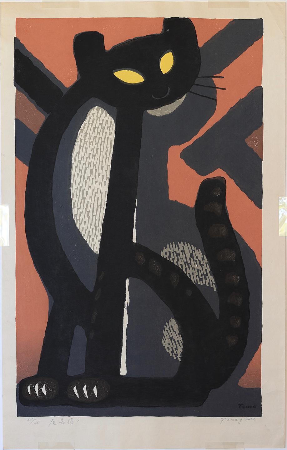 Long-Tailed Cat - Black Animal Print by Tomoo Inagaki
