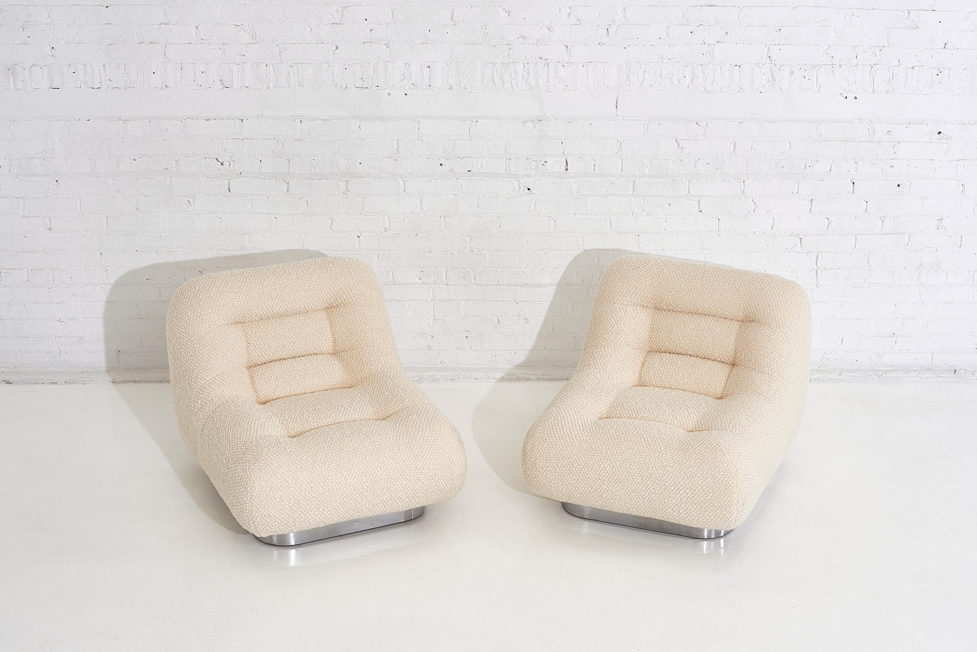 Tomorrow chairs by M.F. Harty, circa 1970s. Reupholstered in Italian Boucle.