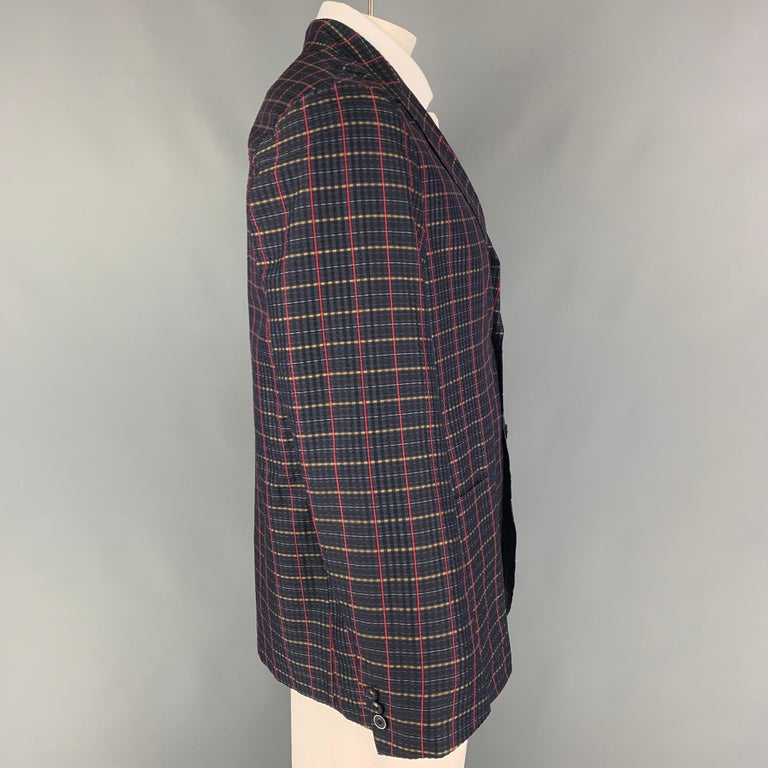 TOMORROWLAND Size 42 Navy Red Plaid Silk Notch Lapel Sport Coat For ...