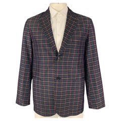 TOMORROWLAND Size 42 Navy Red Plaid Silk Notch Lapel Sport Coat