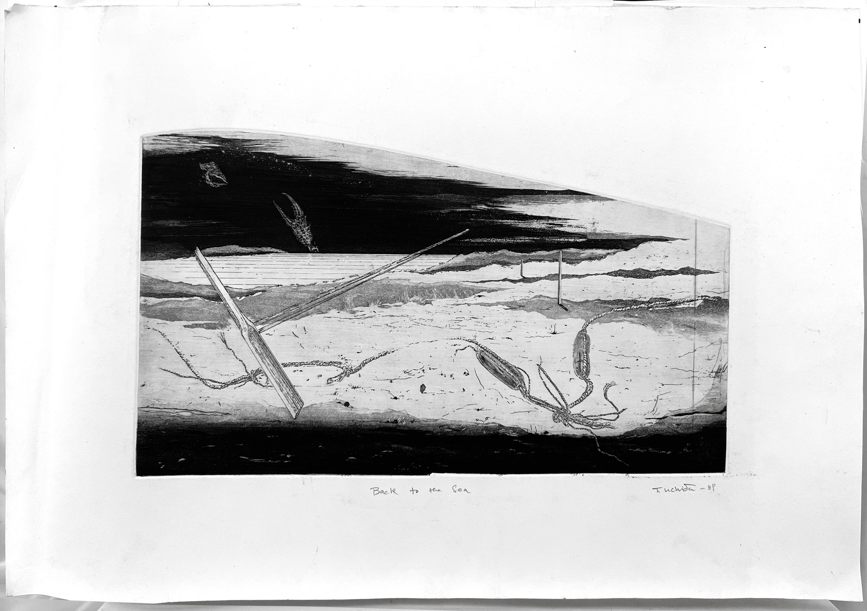 Merveilleuse et évocatrice gravure abstraite à la pointe sèche représentant la mer, un baudet, des bouées de pêche aléatoires et une pince de crabe, intitulée 
