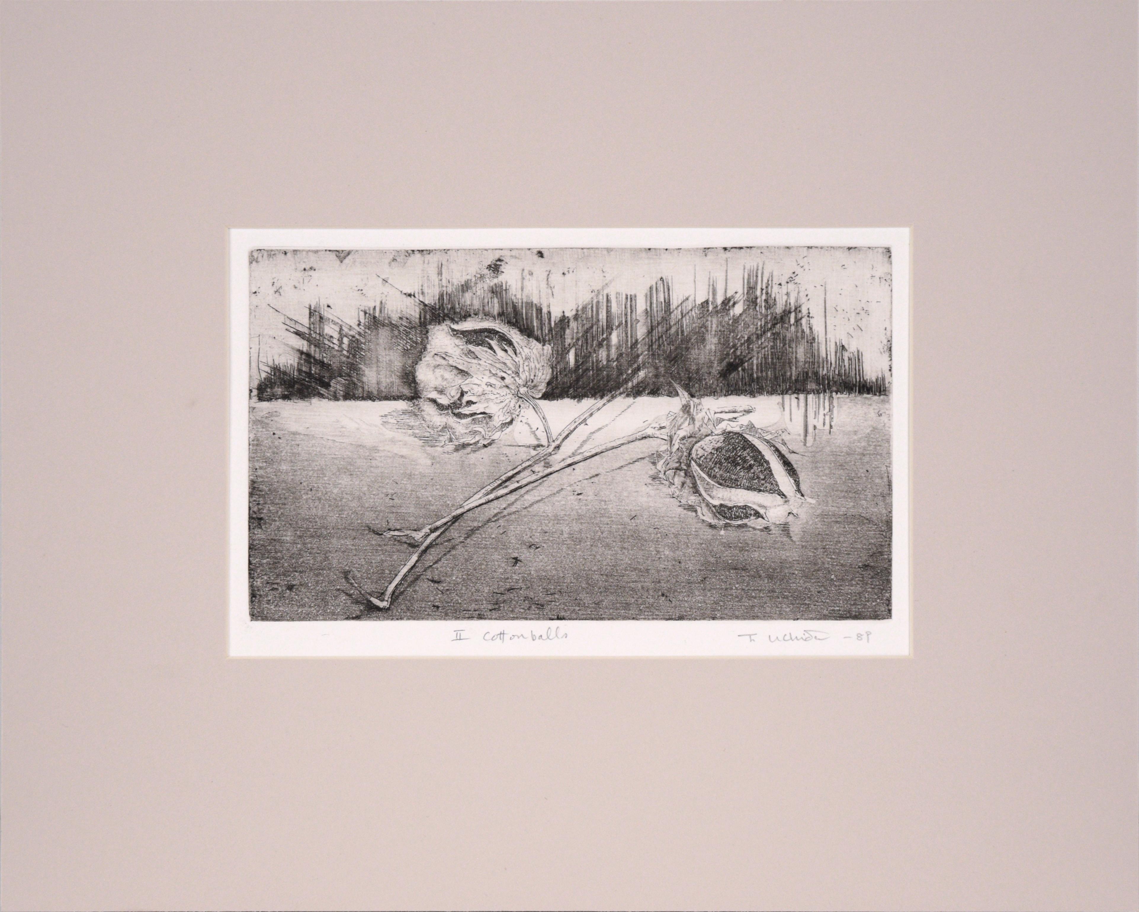 Abstracted drypoint etching by Tomoya Uchida (Japanese, 20th Century). Two cottonballs on the stalk sit in a minimalist space.

Titled "II Cottonballs" along the bottom edge.
Signed and dated "T. Uchida - 89" in the lower right corner.
Presented in