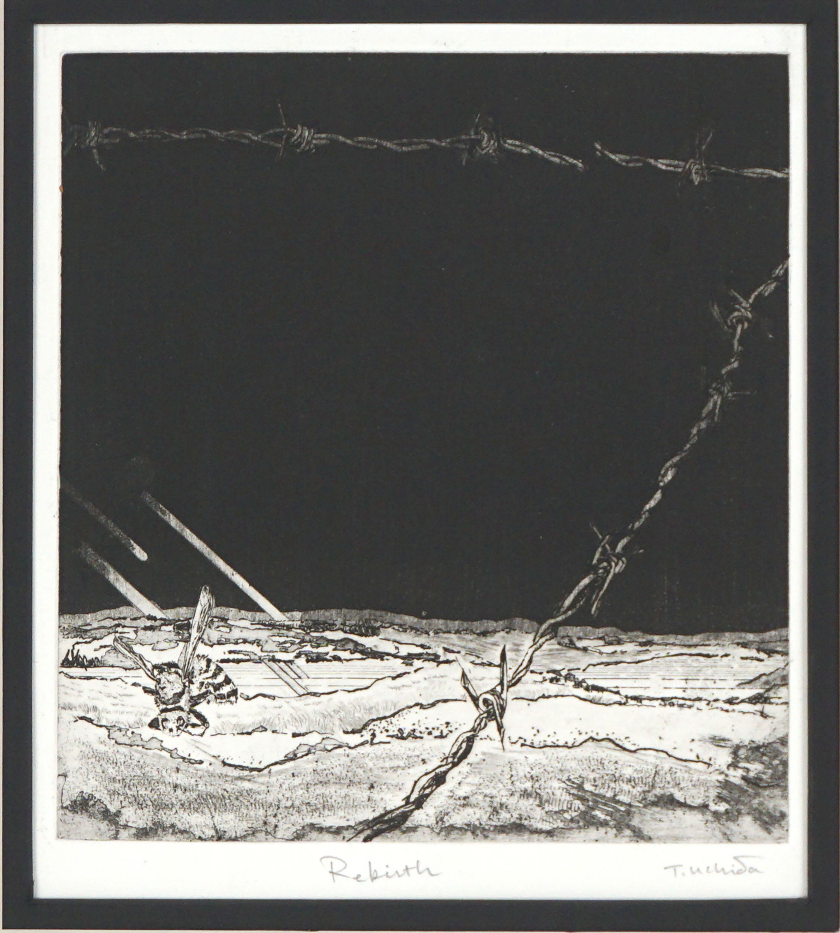Abstract Print di Tomoya Uchida - "Rinascita" Ape e filo spinato - Stampa calcografica