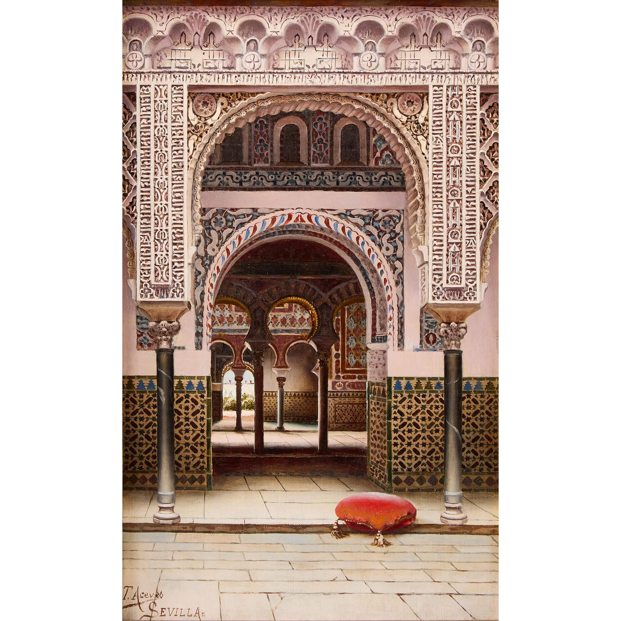 Antique Spanish Orientalist Architectural Oil Painting Alcázar of Seville Aceves - Brown Interior Painting by Tomás Aceves