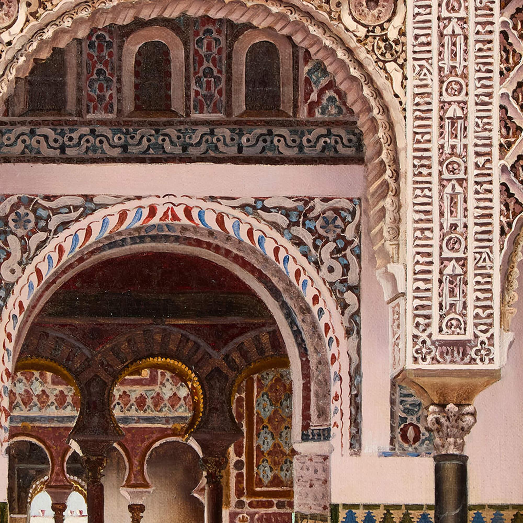 Antique Spanish Orientalist Architectural Oil Painting Alcázar of Seville Aceves For Sale 1