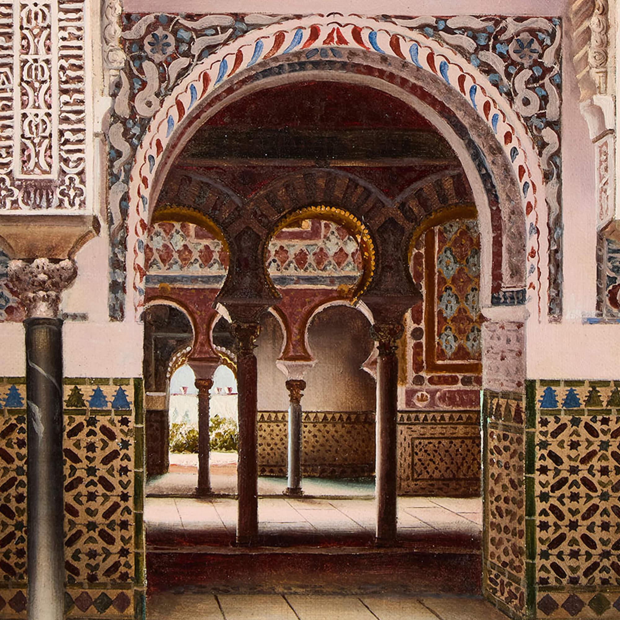 Antique Spanish Orientalist Architectural Oil Painting Alcázar of Seville Aceves For Sale 2
