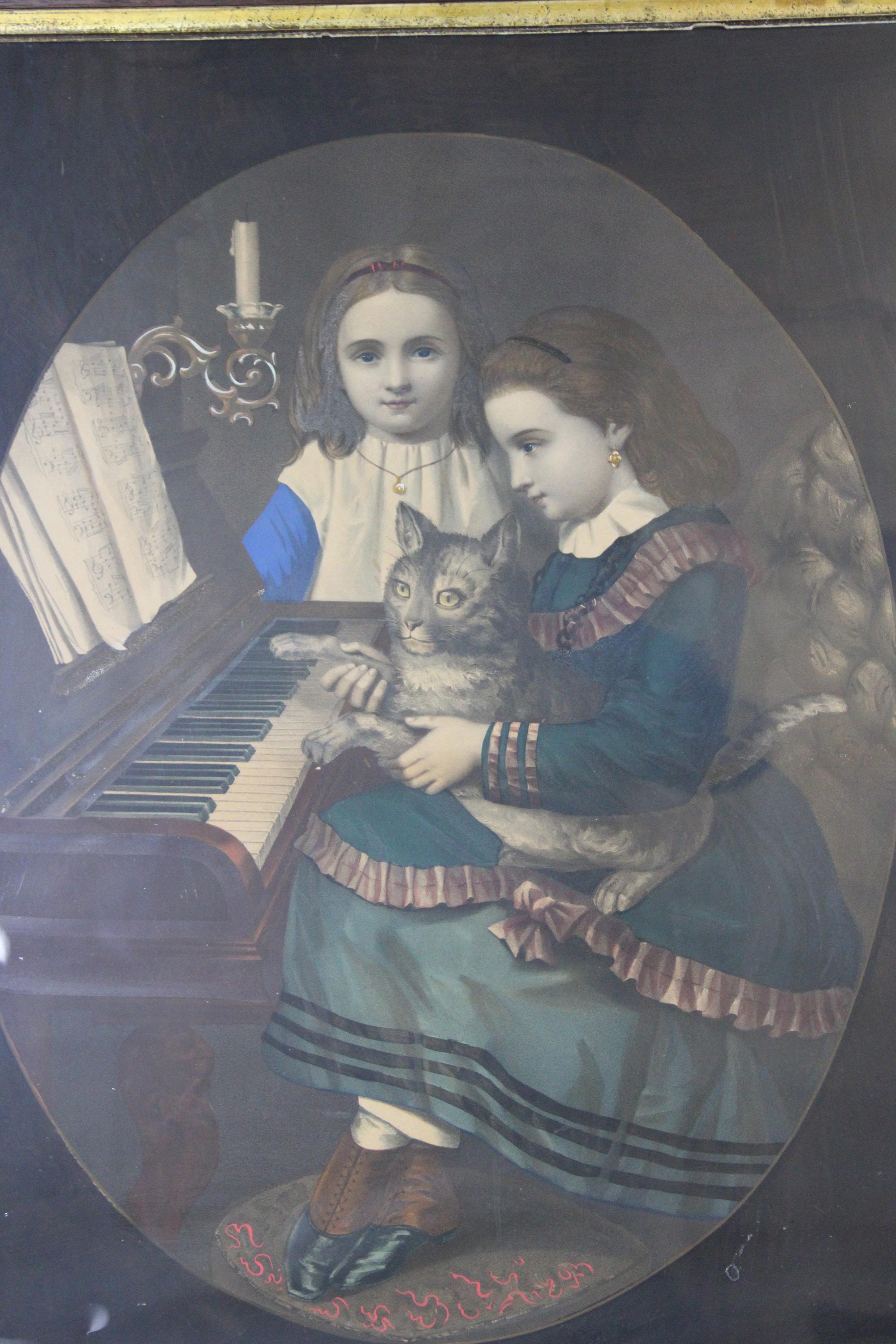 Toms Music Lesson by Edmund Foerster Victorian Lithograph Girls Piano Cat In Good Condition For Sale In Dayton, OH