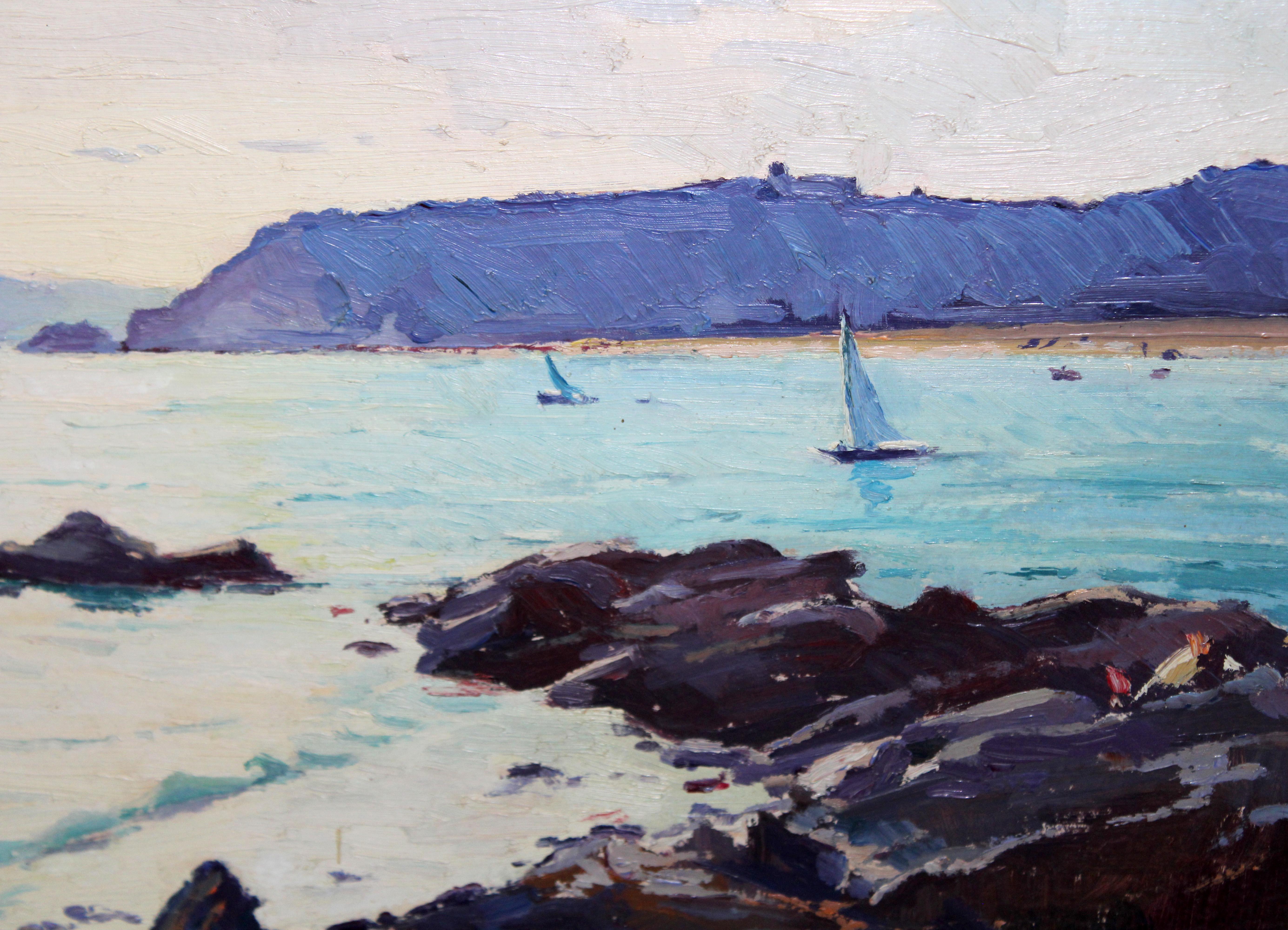 Óleo sobre tablex - Lloret de Mar (Gerona) - Gray Landscape Painting by Tomás Pérez Martínez