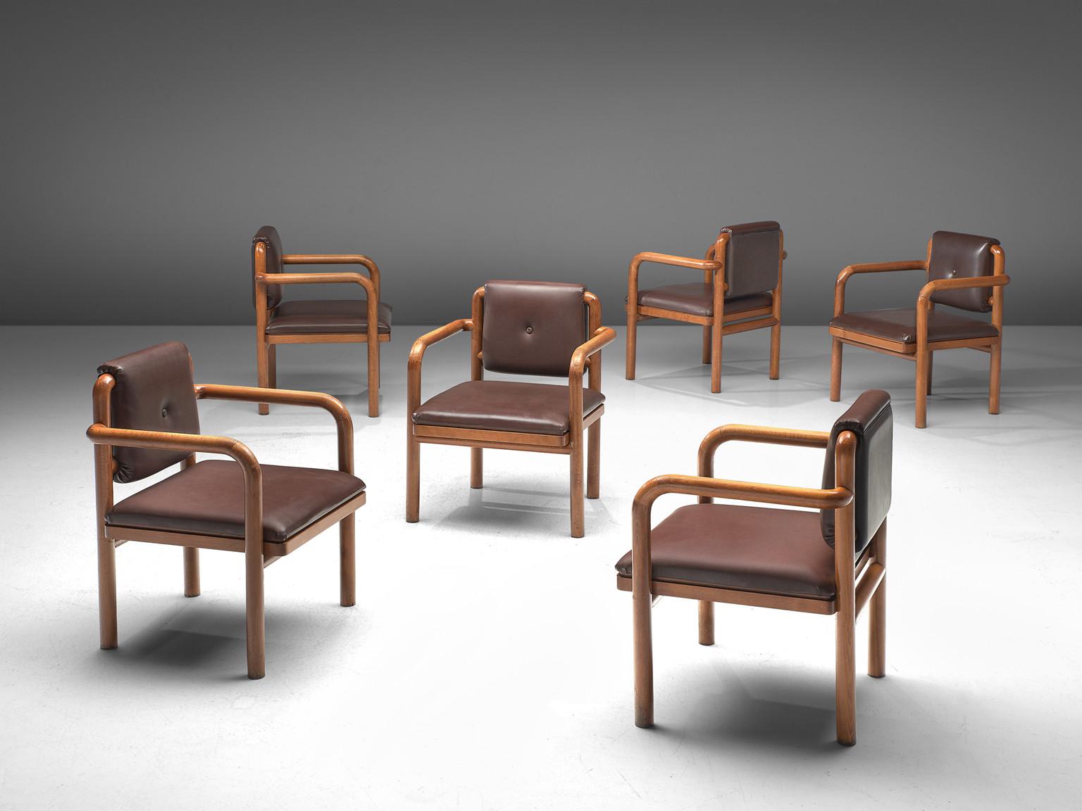 Czech TON Armchairs in Brown Upholstery and Stained Wood 