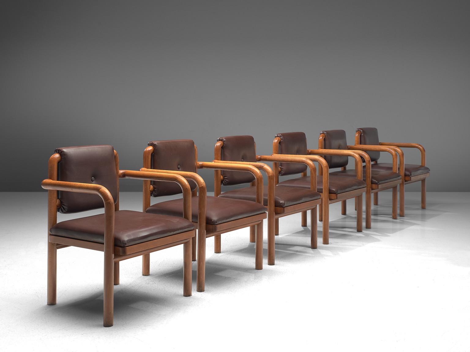 Mid-20th Century TON Armchairs in Brown Upholstery and Stained Wood 