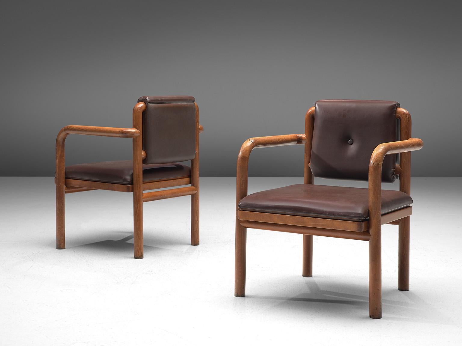 Faux Leather TON Armchairs in Brown Upholstery and Stained Wood 