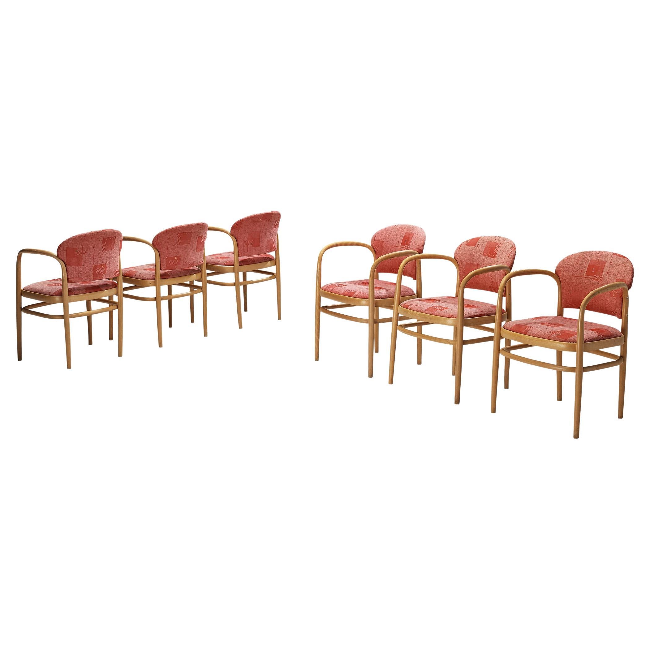 Ton Set of Six Armchairs in Bentwood with Red Upholstery  For Sale