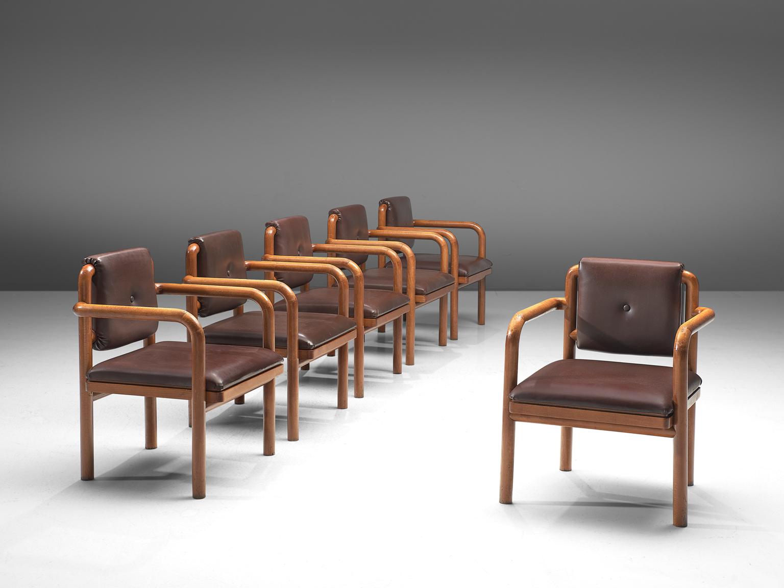 Ton, set of 6 armchairs, stained beech and leatherette, Czech Republic, 1960s.

This elegant set of six chairs, manufactured by Ton, features a wonderful bentwood frame. Simplistic design and a more modest model of Ton and Thonet. The seat and