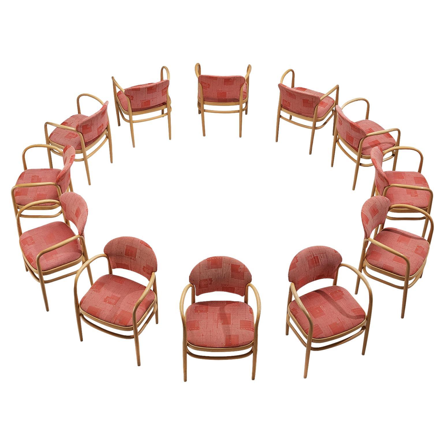 Ton Set of Twelve Armchairs in Bentwood with Red Upholstery 