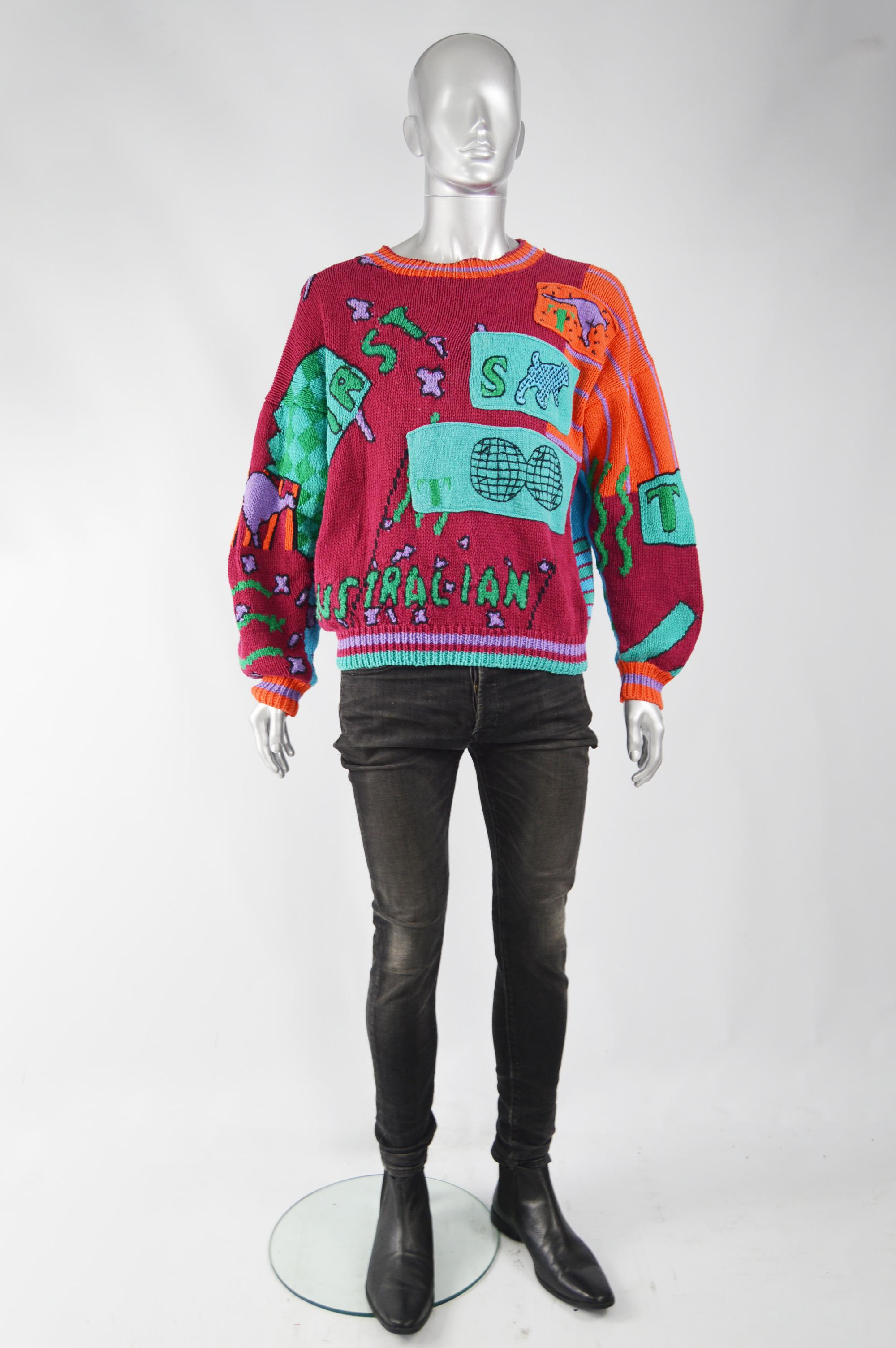 An amazing vintage mens jumper from the 80s by rare French designer label, Ton Sur Ton. In a hand knitted cotton and ramie with amazing imagery and patchwork throughout. 

Size: Marked 2 best fits a men's Large to XL with an oversized fit. 
Chest -