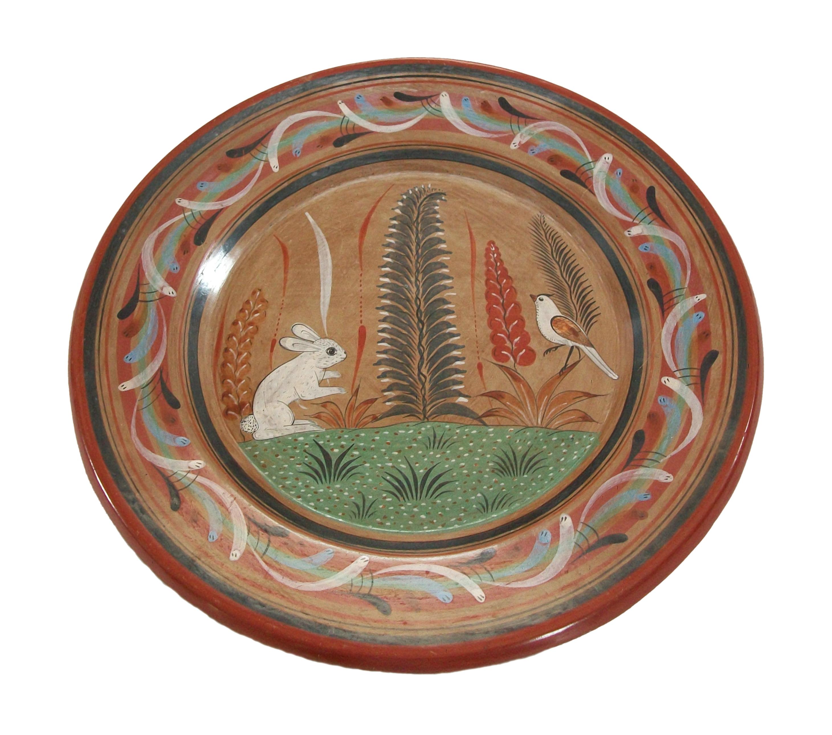 Mexican Tonala Folk Art Pottery Charger, Hand Painted Rabbit, Mexico, circa 1970's For Sale