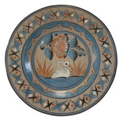 Tonala Folk Art Pottery Charger, Hand Painted Swan, Mexico, Circa 1970's