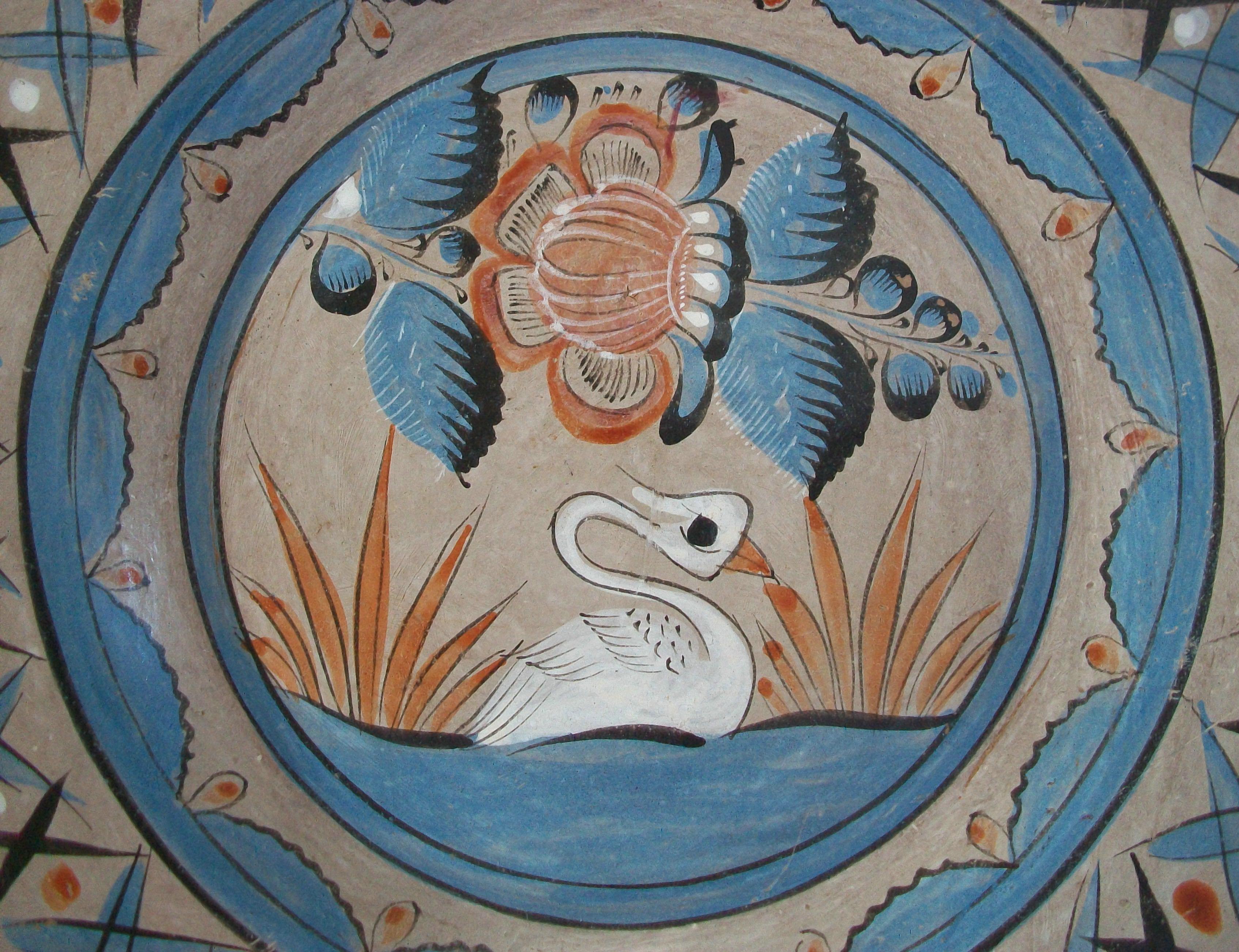 Mexican Tonala Folk Art Pottery Charger, Hand Painted Swan, Mexico, Circa 1970's For Sale