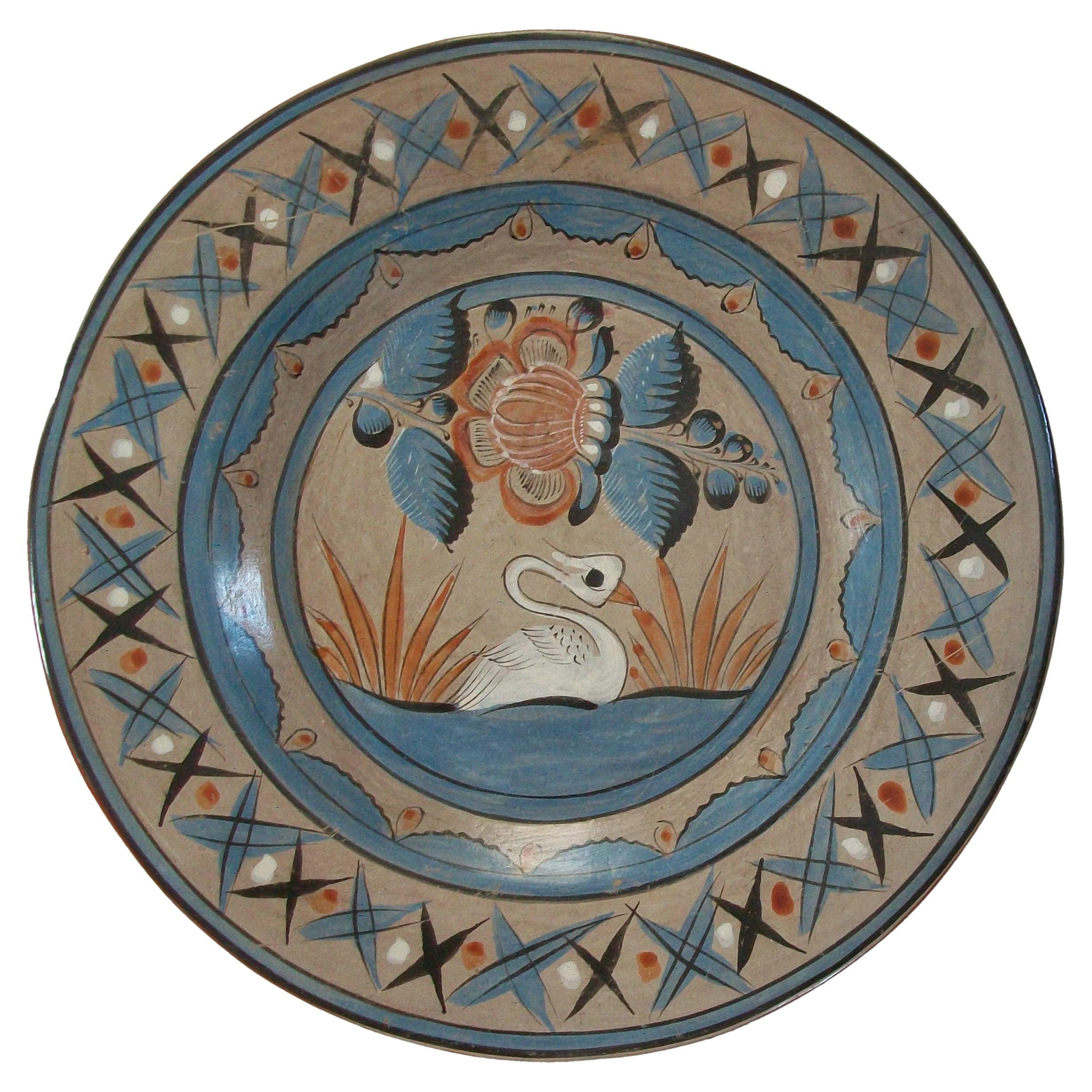 Tonala Folk Art Pottery Charger, Hand Painted Swan, Mexico, Circa 1970's For Sale