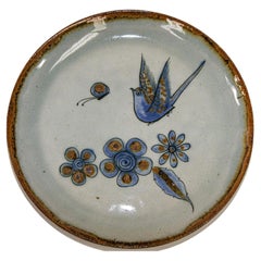 Vintage Tonala Folk Art Pottery Plate Hand Painted Flying Bird, Mexico, circa 1960's