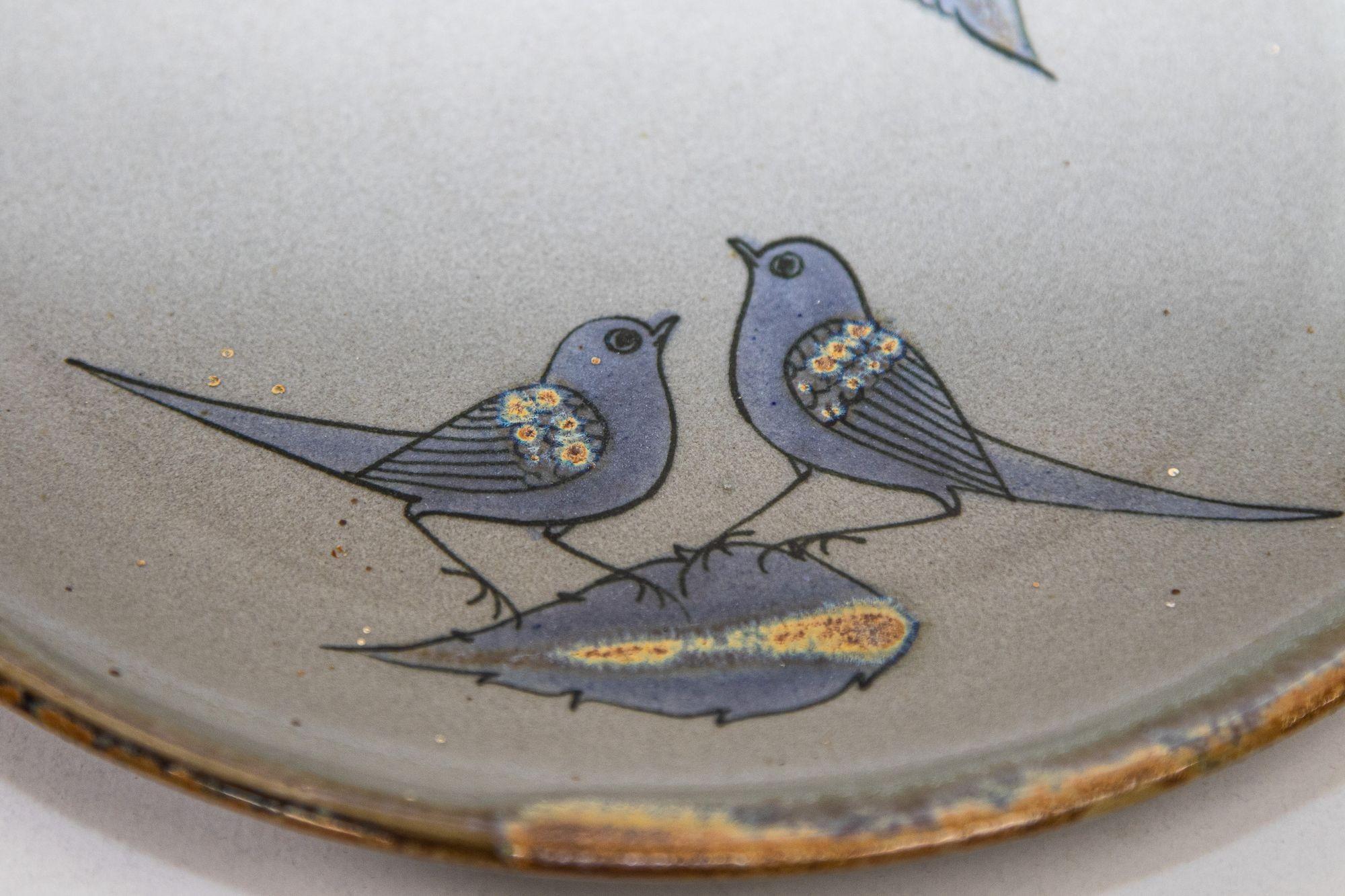 Ceramic Tonala Folk Art Pottery Plate Hand Painted with Birds, Mexico, circa 1960's For Sale