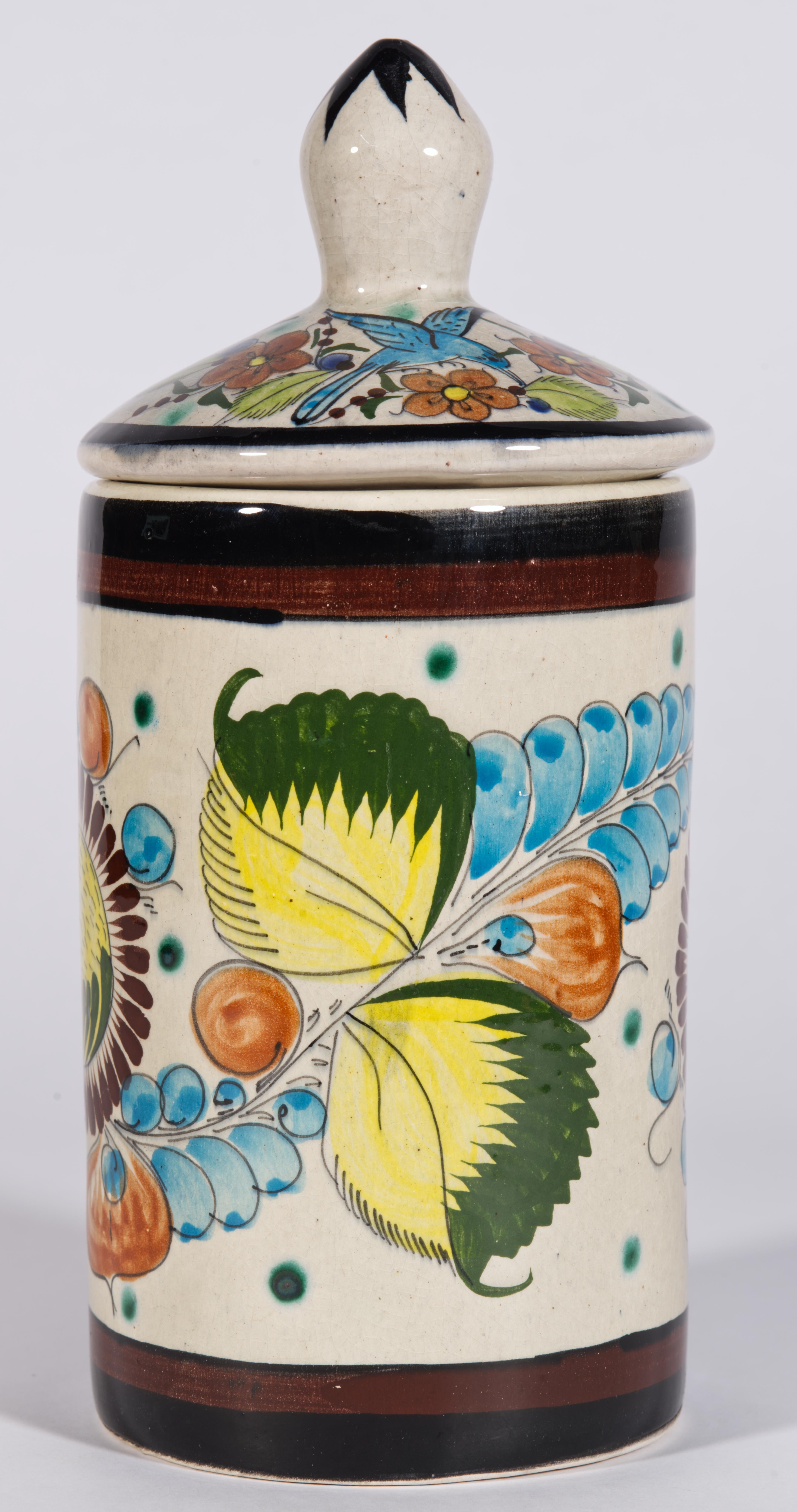 Tarro con Tapa para Pájaros de Tonalá México, Firmado Pintado a Mano Años 60 Arte popular en venta