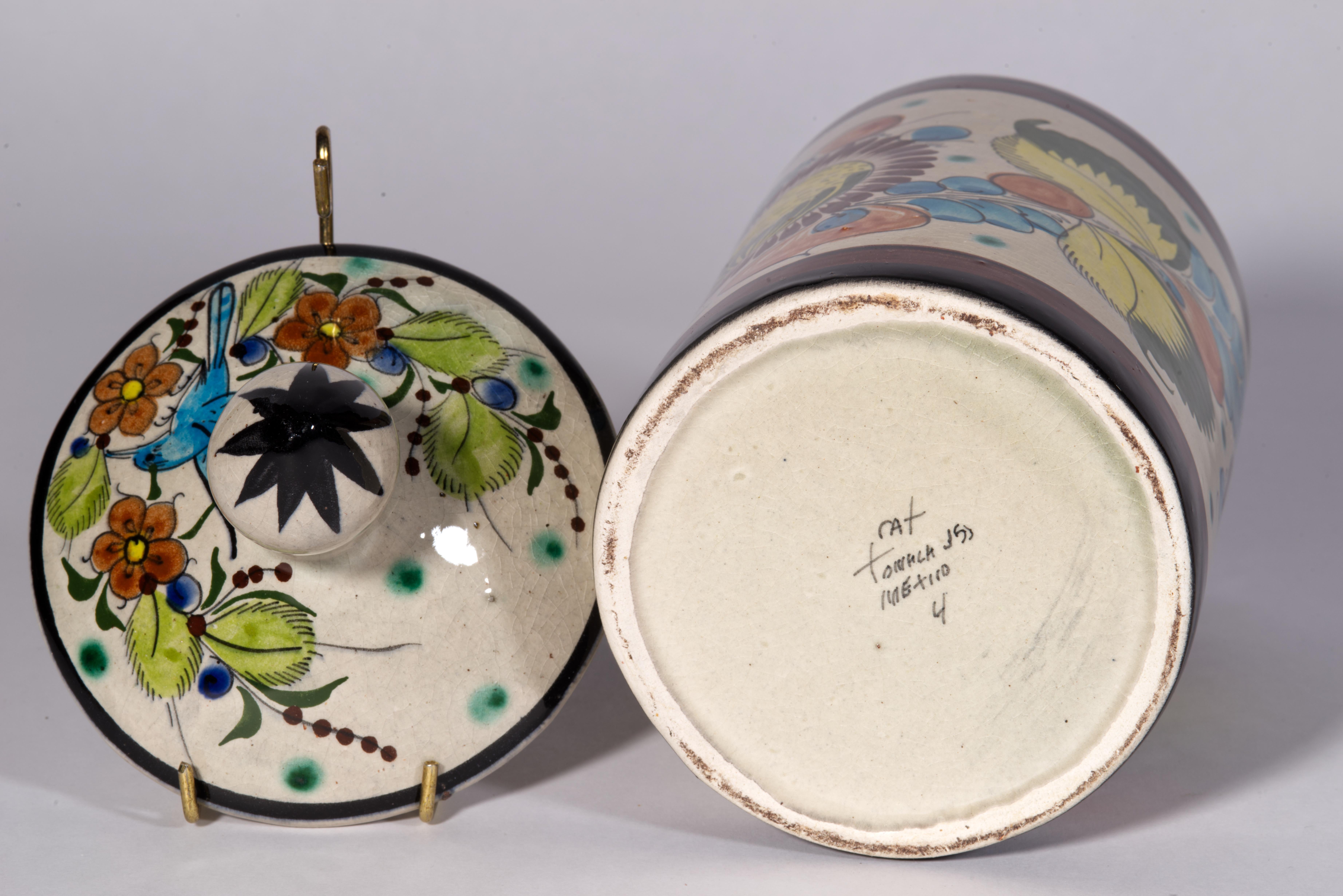 Tarro con Tapa para Pájaros de Tonalá México, Firmado Pintado a Mano Años 60 Mexicano en venta