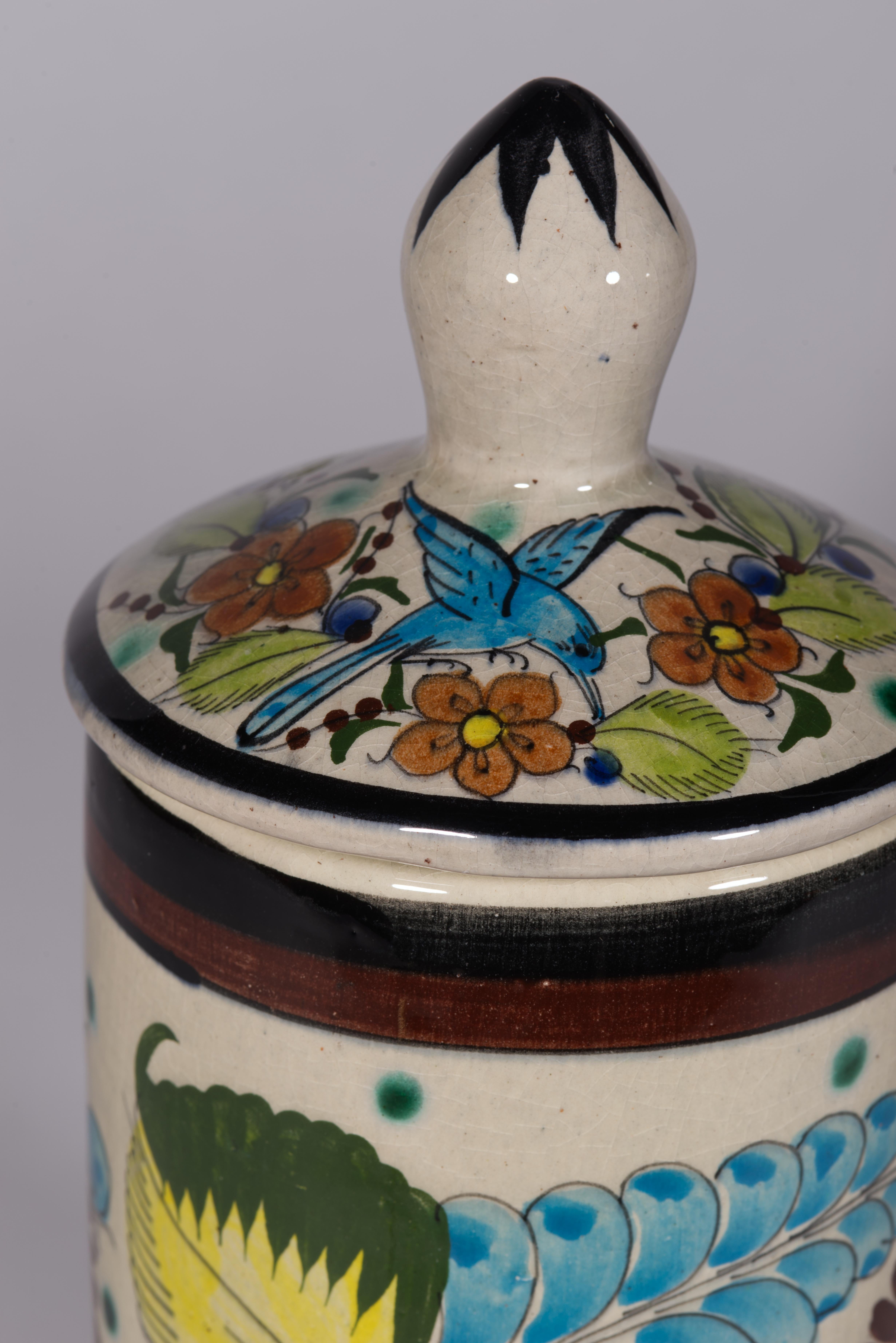 Tarro con Tapa para Pájaros de Tonalá México, Firmado Pintado a Mano Años 60 siglo XX en venta