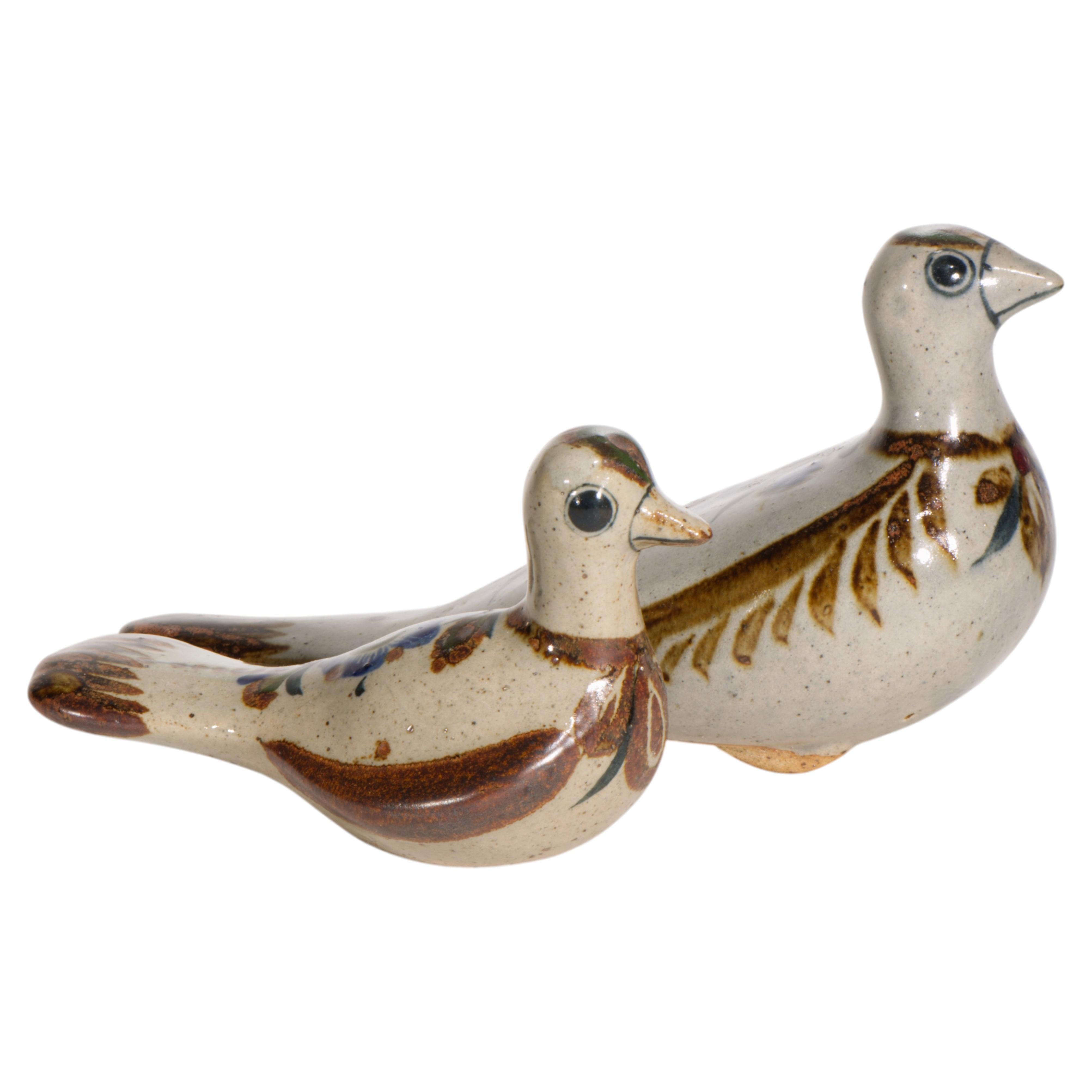 Tonala Mexico Pair of Bird Figurines Folk Art Hand-painted 1960s For Sale