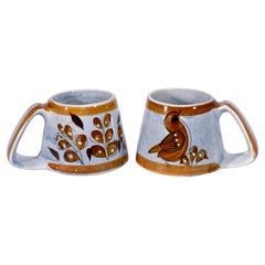 Tonala Mexico Pair of Mugs Cups Bird Decor, Signed Hand-painted 1960s