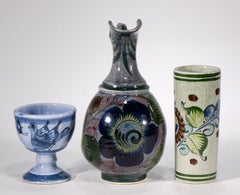 Tonala Mexico Set of 3 Vases Folk Art Decor, Hand-painted Pottery 1960s