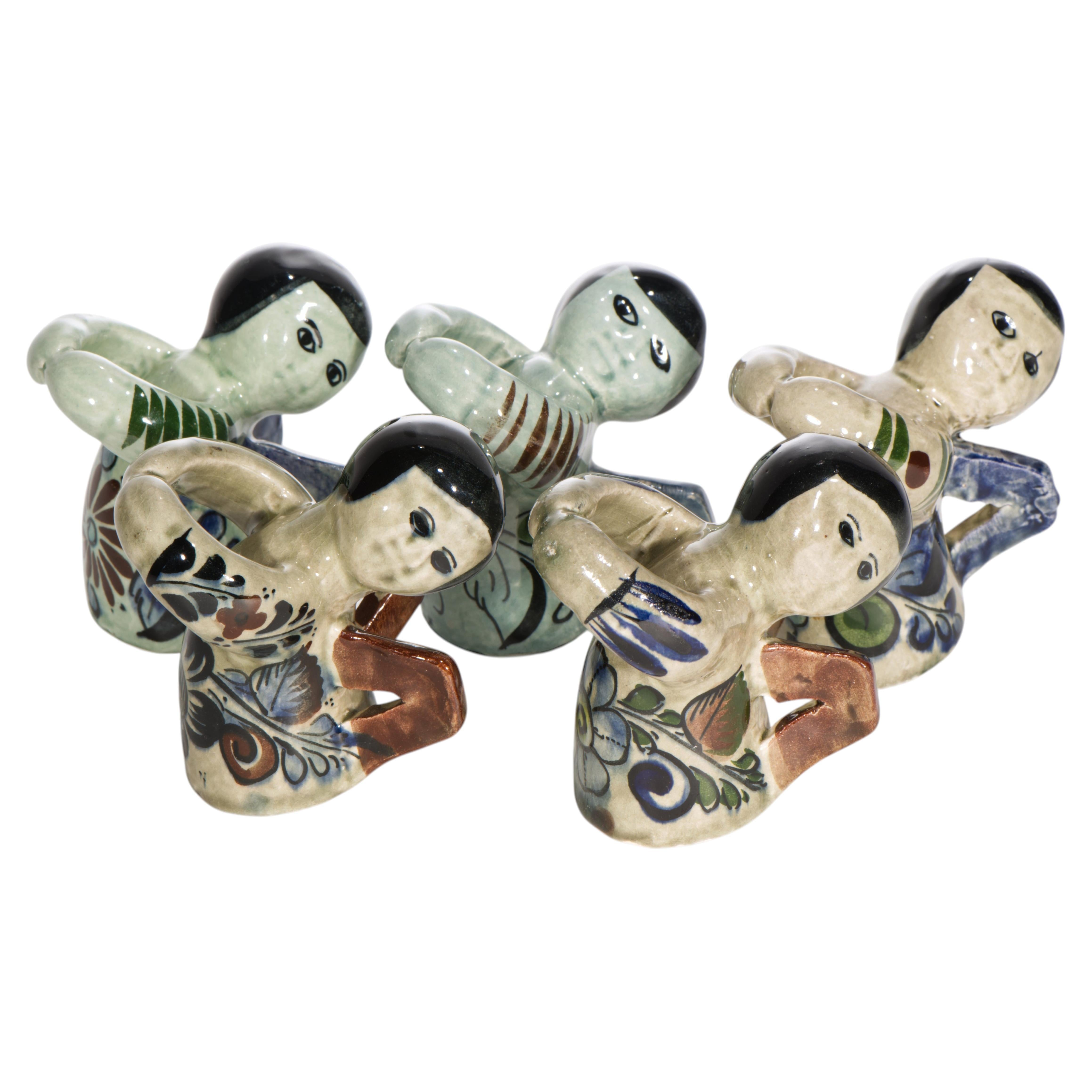 Tonala Mexico Set of 5 Pottery Angel Napkin Rings, Hand Painted 1960s For Sale