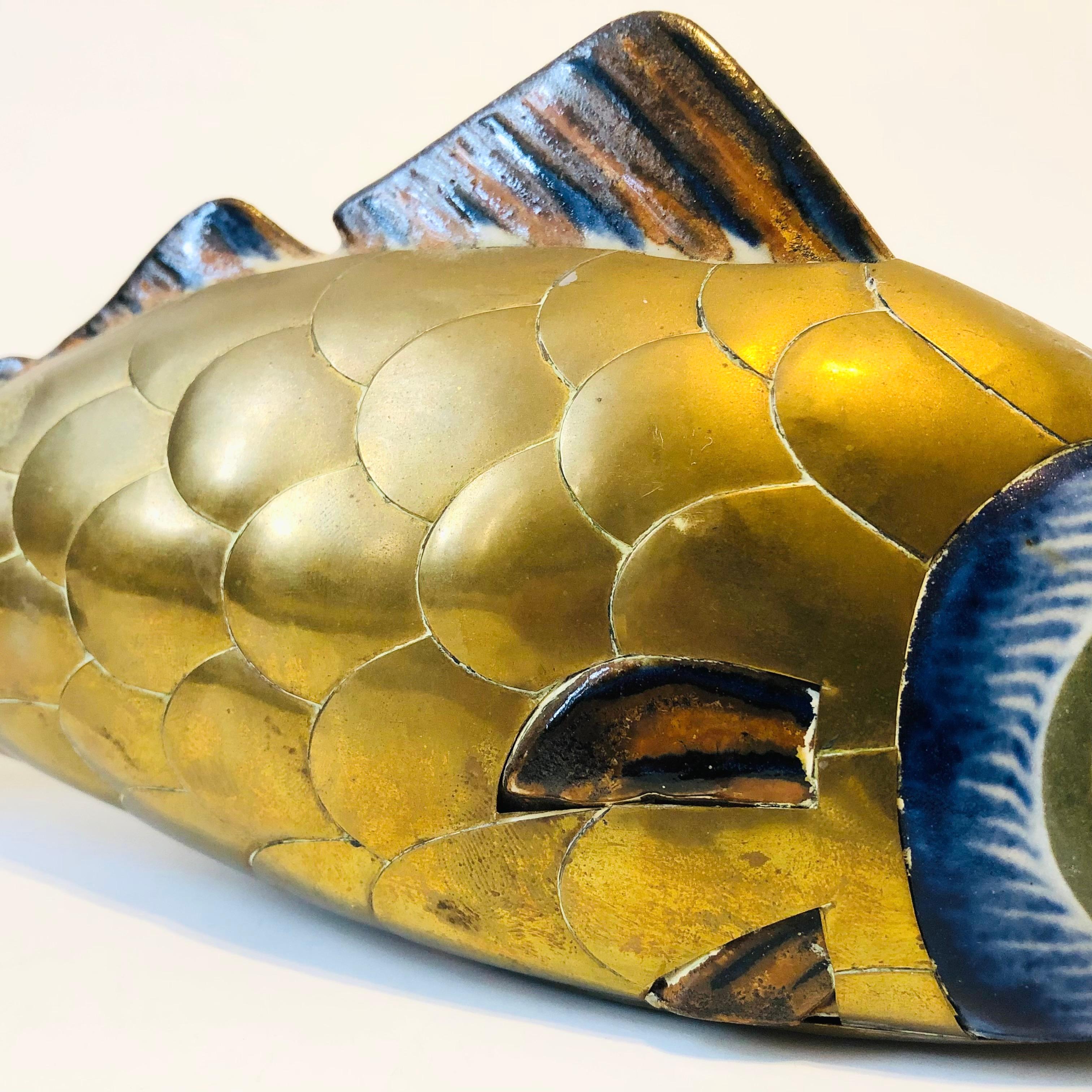 Tonala Pottery and Brass Fish In Good Condition For Sale In Vallejo, CA