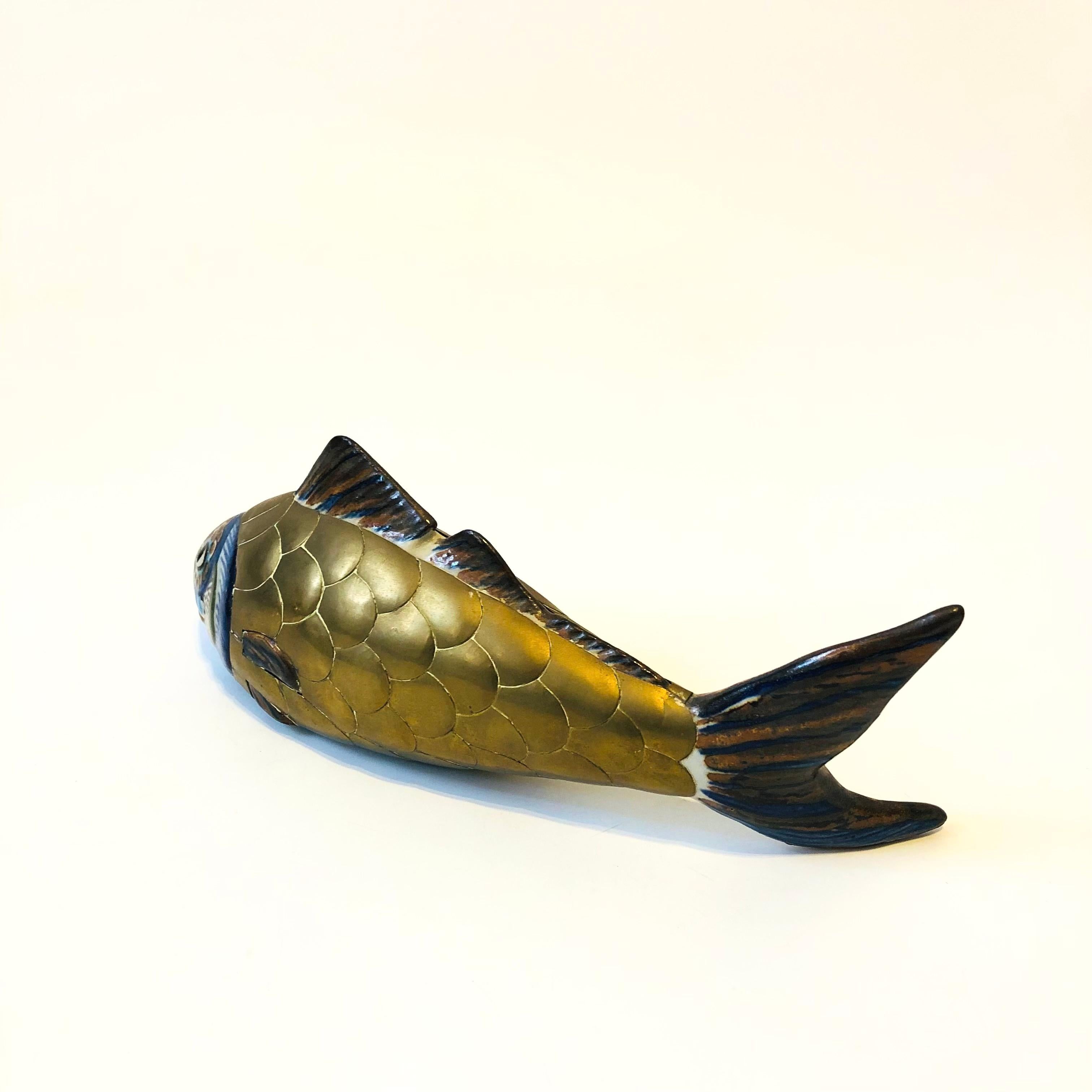 20th Century Tonala Pottery and Brass Fish For Sale