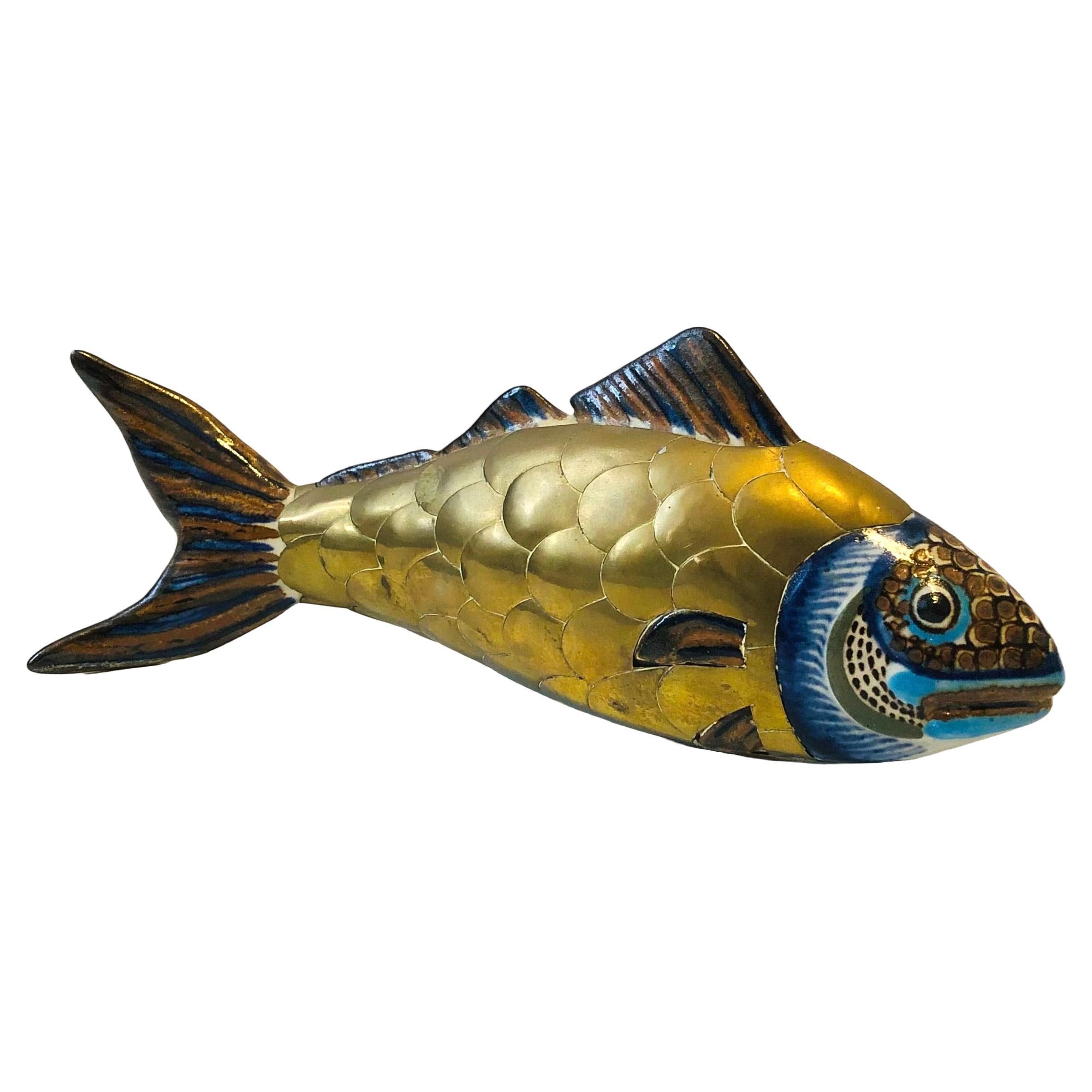 Tonala Pottery and Brass Fish For Sale