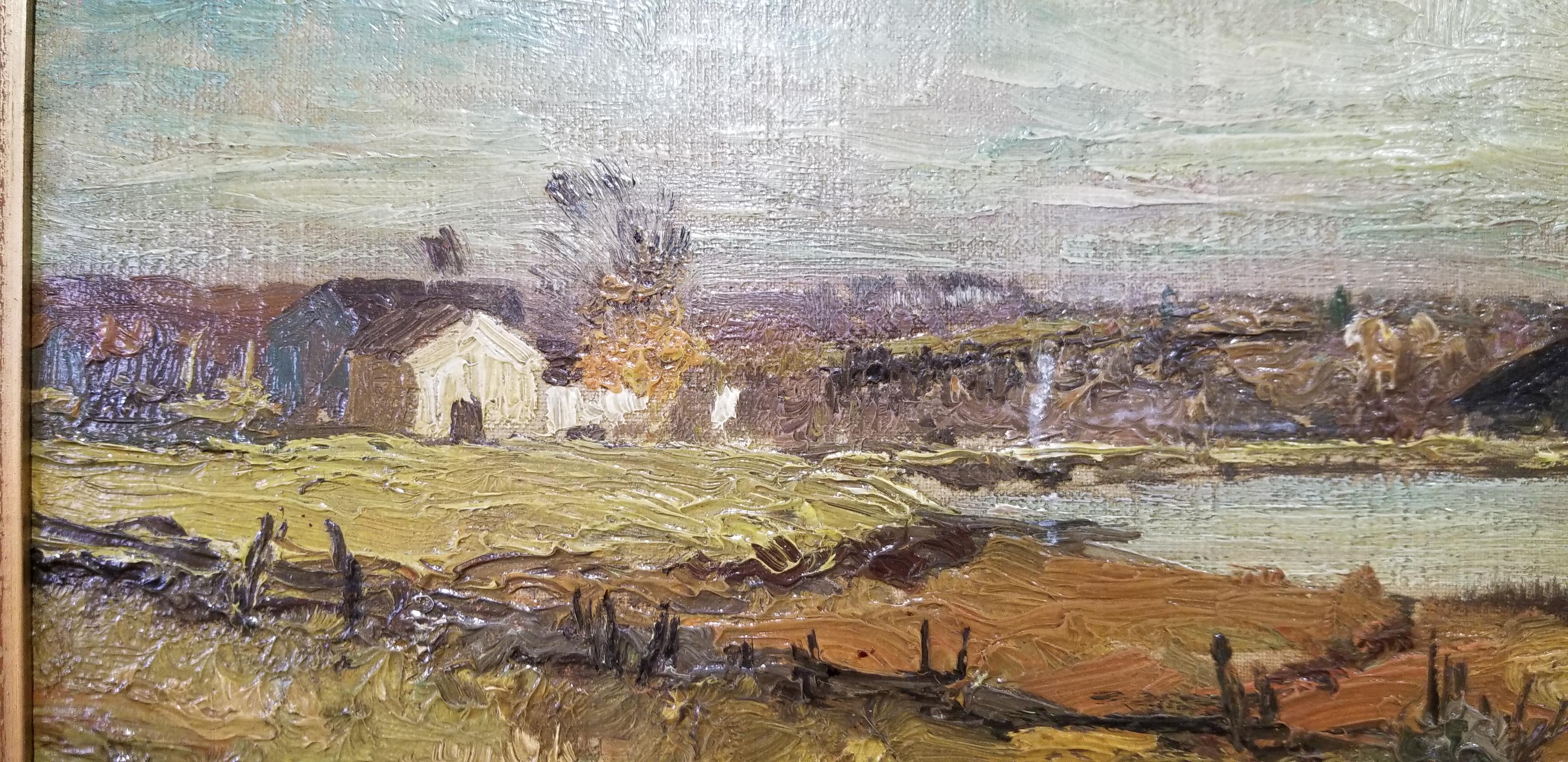 A fine quality, early 20th century landscape painting by Franklin DeHaven. (1856-1934). Re-framed with Gump's label on verso. Painting without frame measures 12